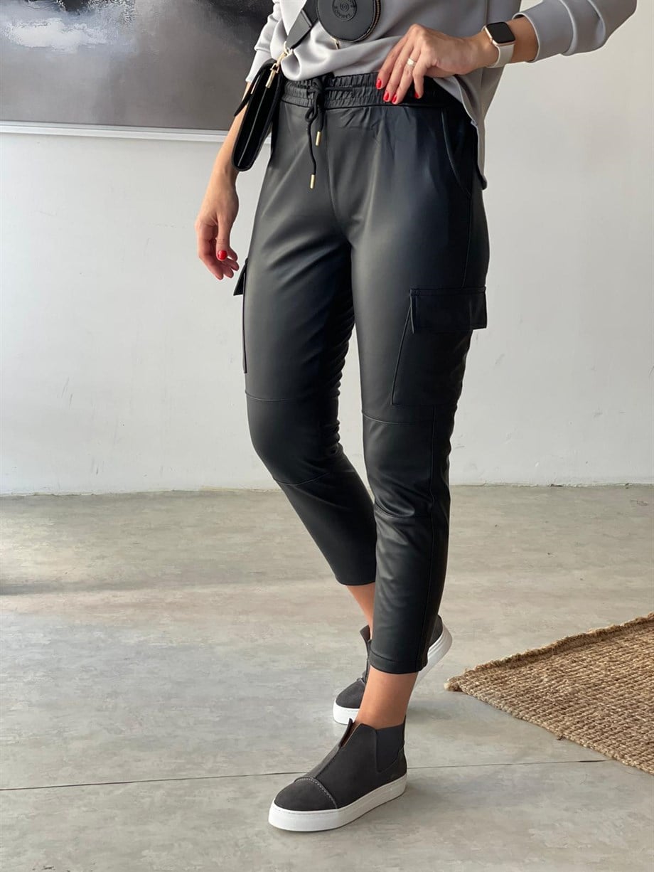 FOSTER DERİ SİYAH PANTOLON