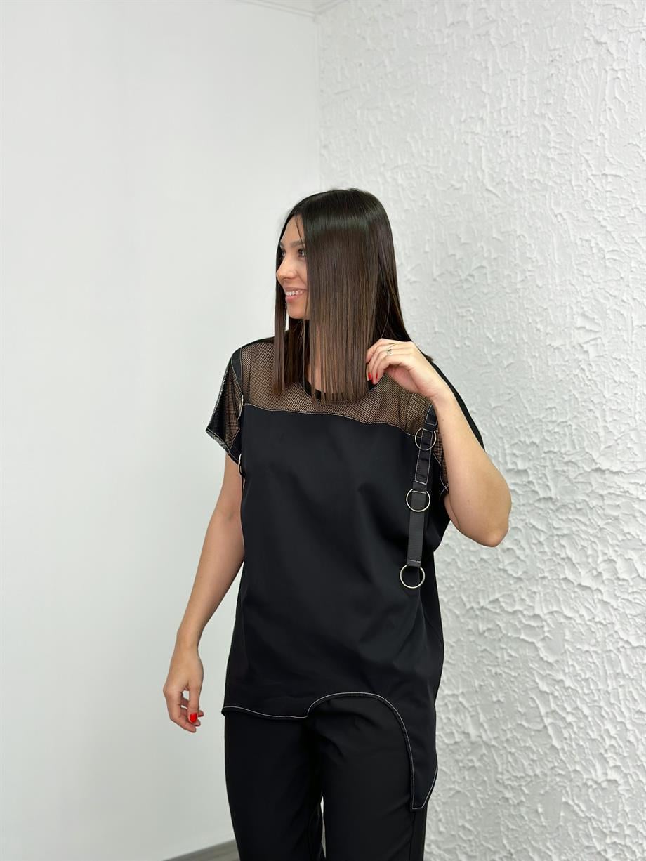 GRİNO FLE DETAYLI SİYAH GÖMLEK