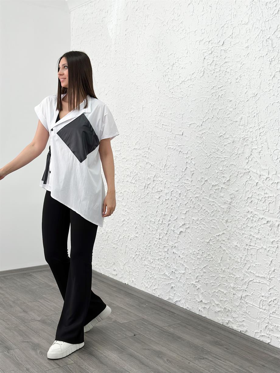 LA PİGNA BEYAZ DERİ DETAYLI GÖMLEK