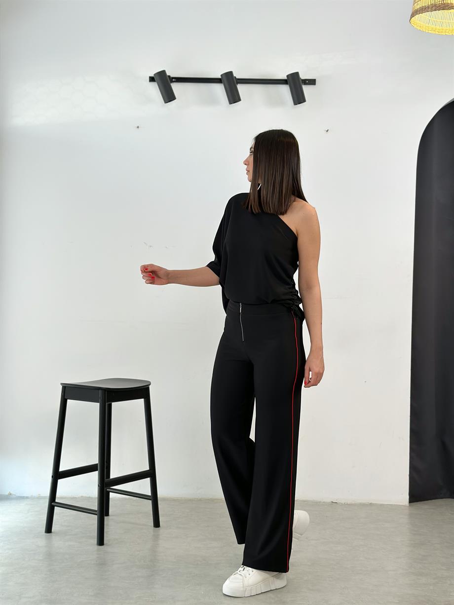 LATİNA KIRMIZI ŞERİTLİ SİYAH PANTOLON