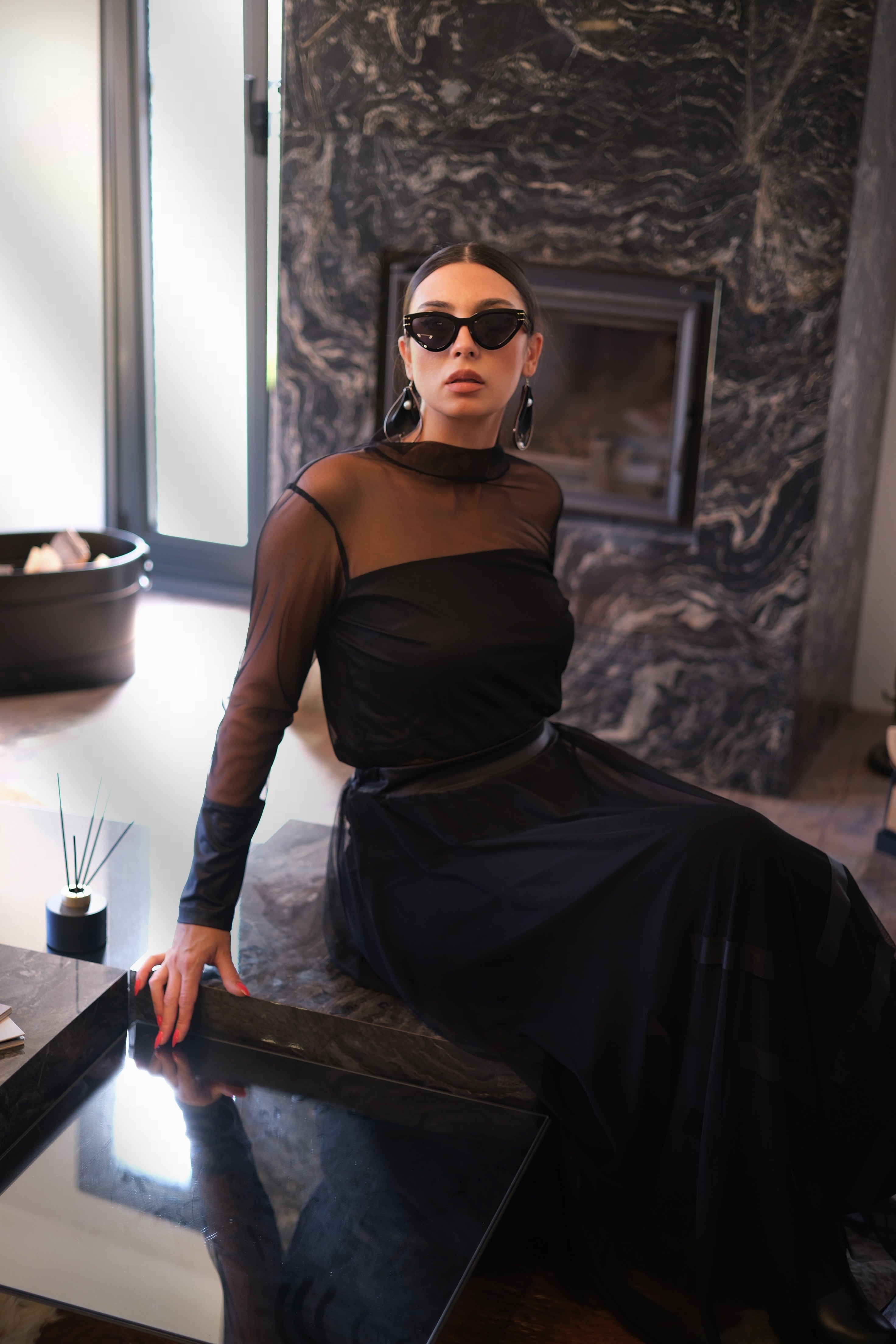 NOX DERİ BLOKLU SİYAH TÜL BLUZ