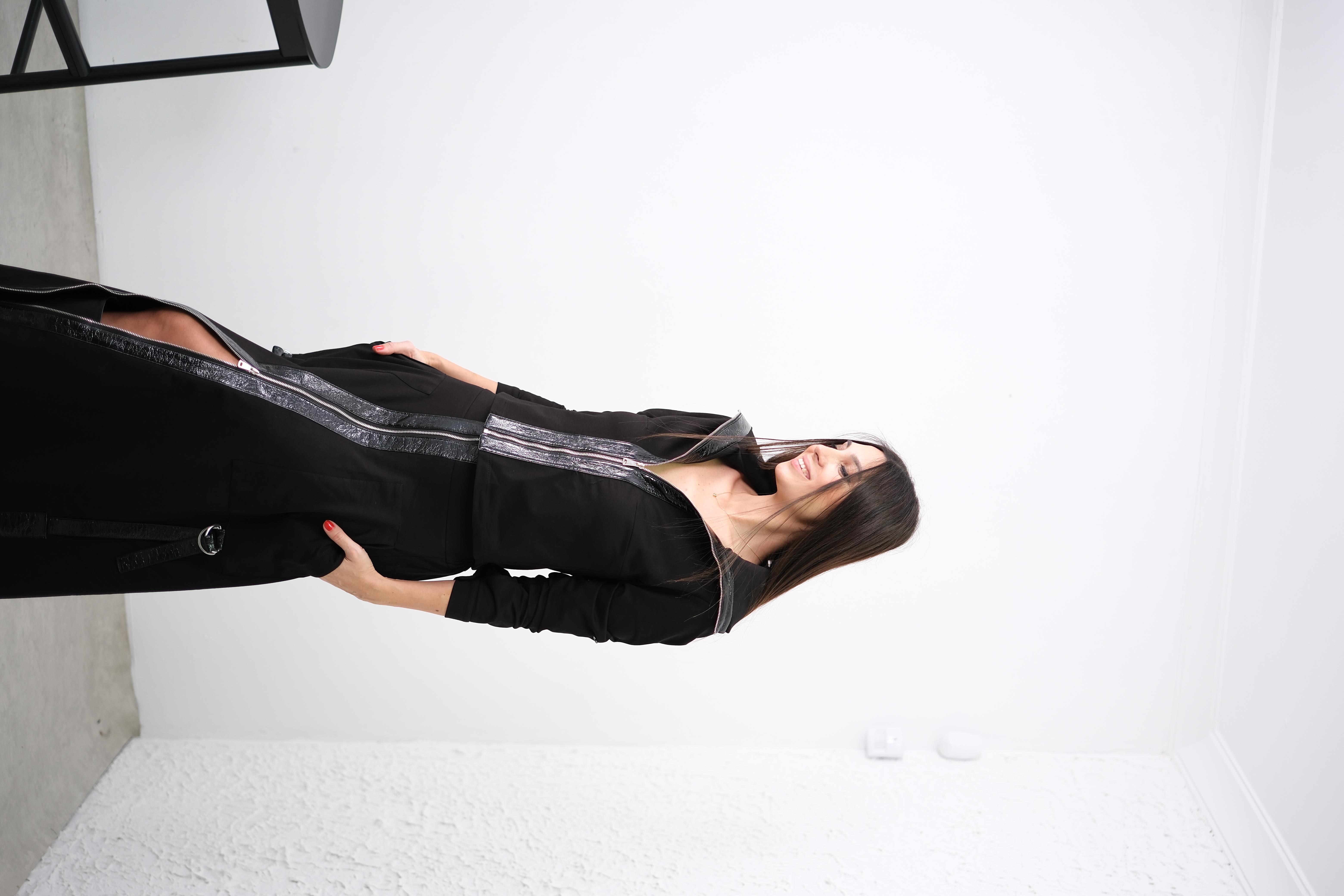 PARLY DERİ DETAYLI SİYAH CEKET