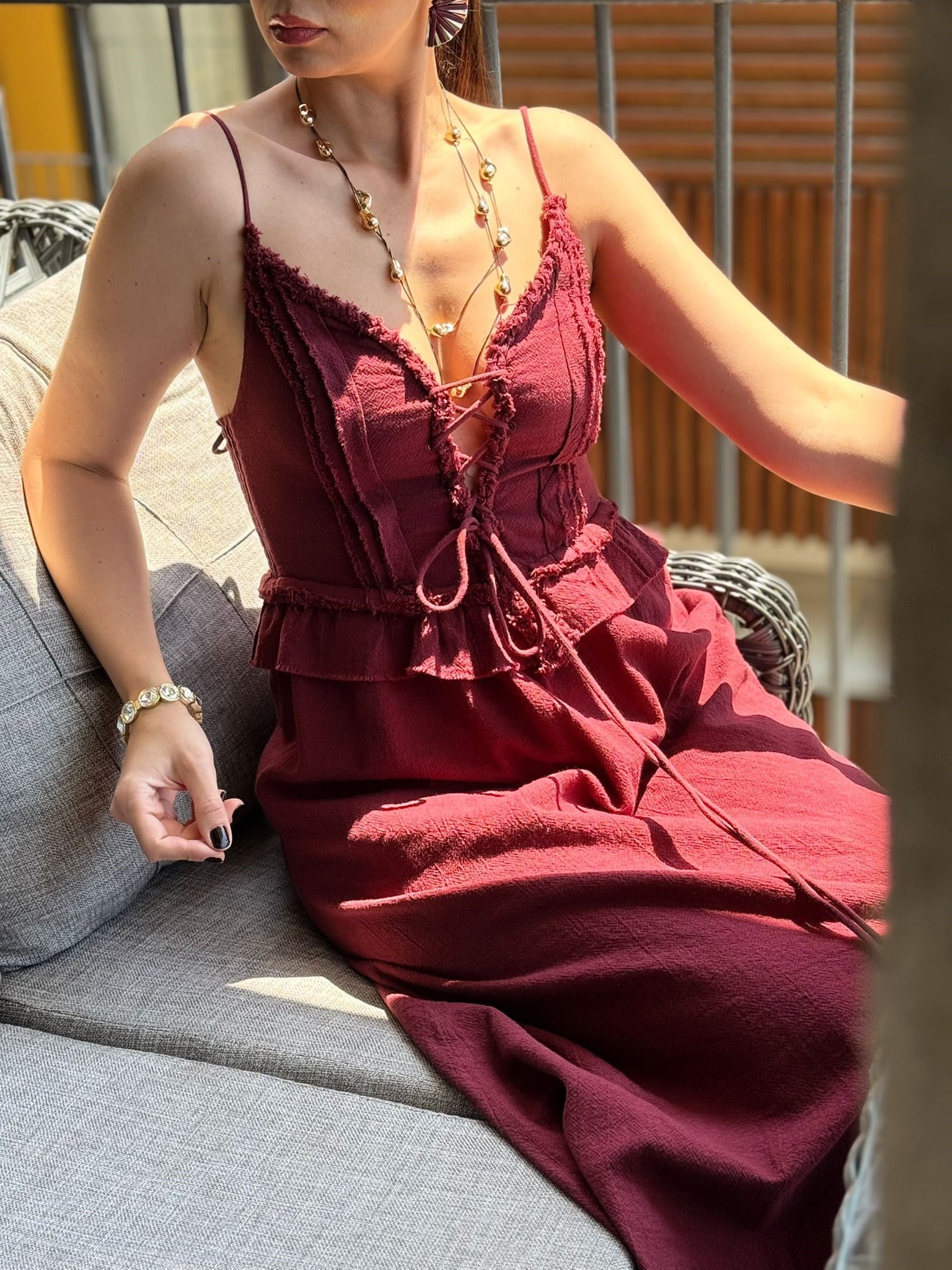 PEPLOS BAĞLAMA DETAYLI BORDO ELBİSE