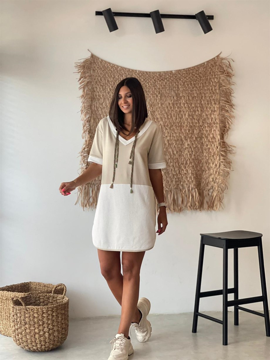 QUİNN V YAKA BEJ ELBİSE