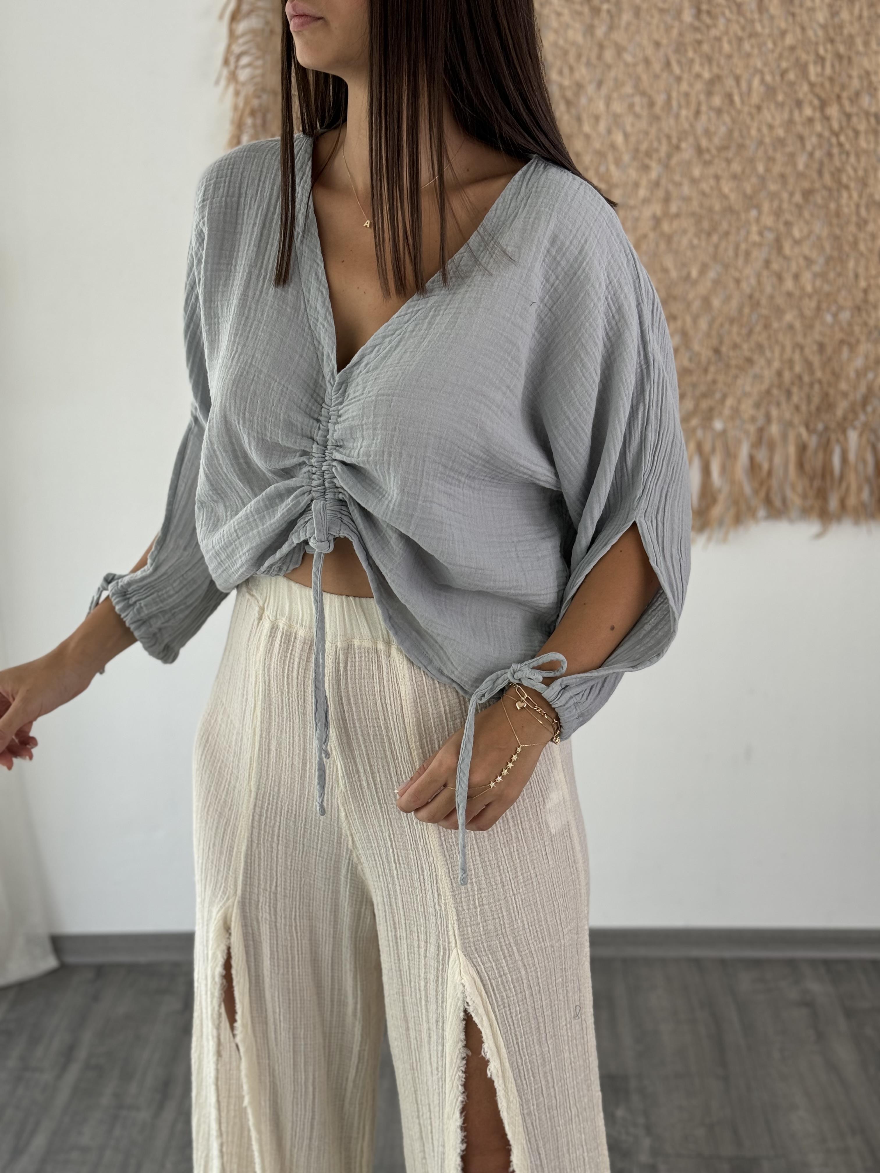 SANTORINI GRİ MÜSLİN BLUZ