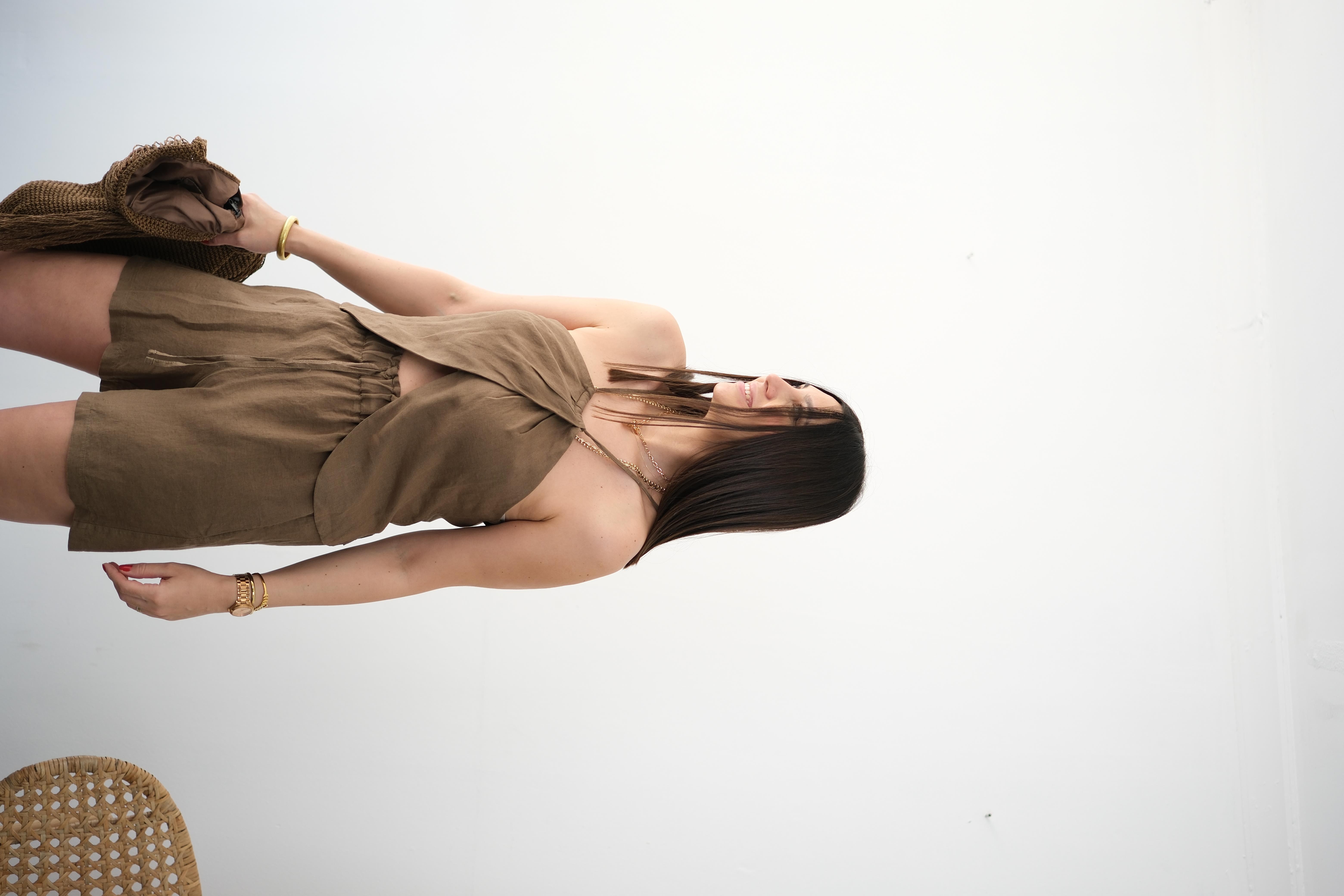 SELENA TASARIM KETEN KAHVE BLUZ