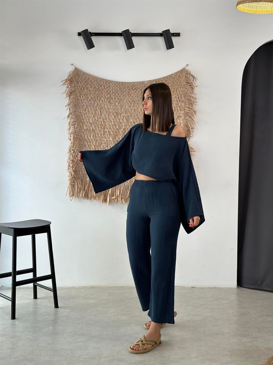 TARO PETROL MAVİ MÜSLİN PANTOLON