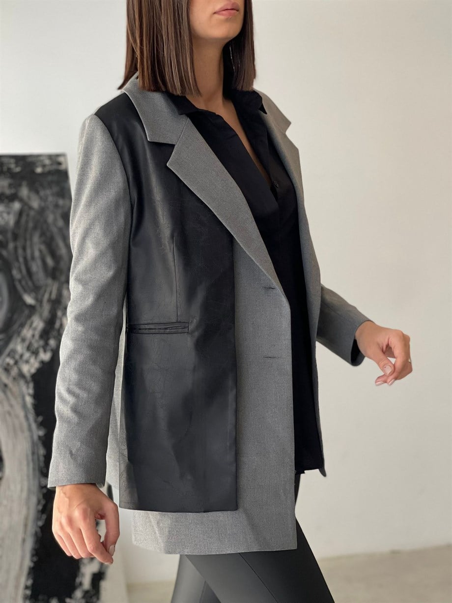 TAYLOR GRİ DERİ DETAYLI BLAZER
