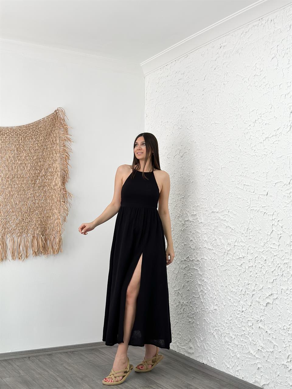 VERA OMUZ BAĞLAMALI SİYAH ELBİSE