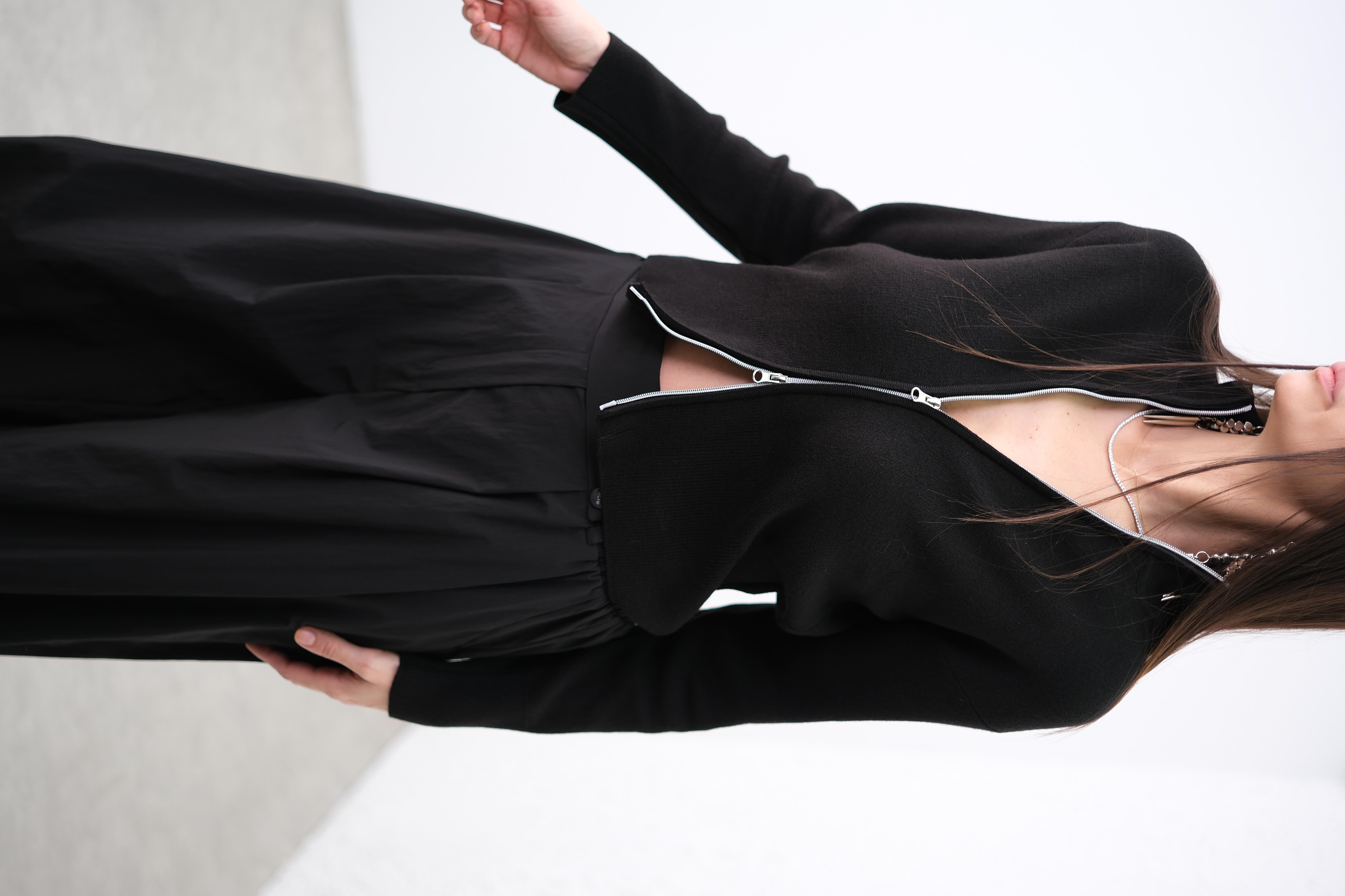 ALES ÇİFT FERMUARLI TRİKO SİYAH CEKET BLUZ