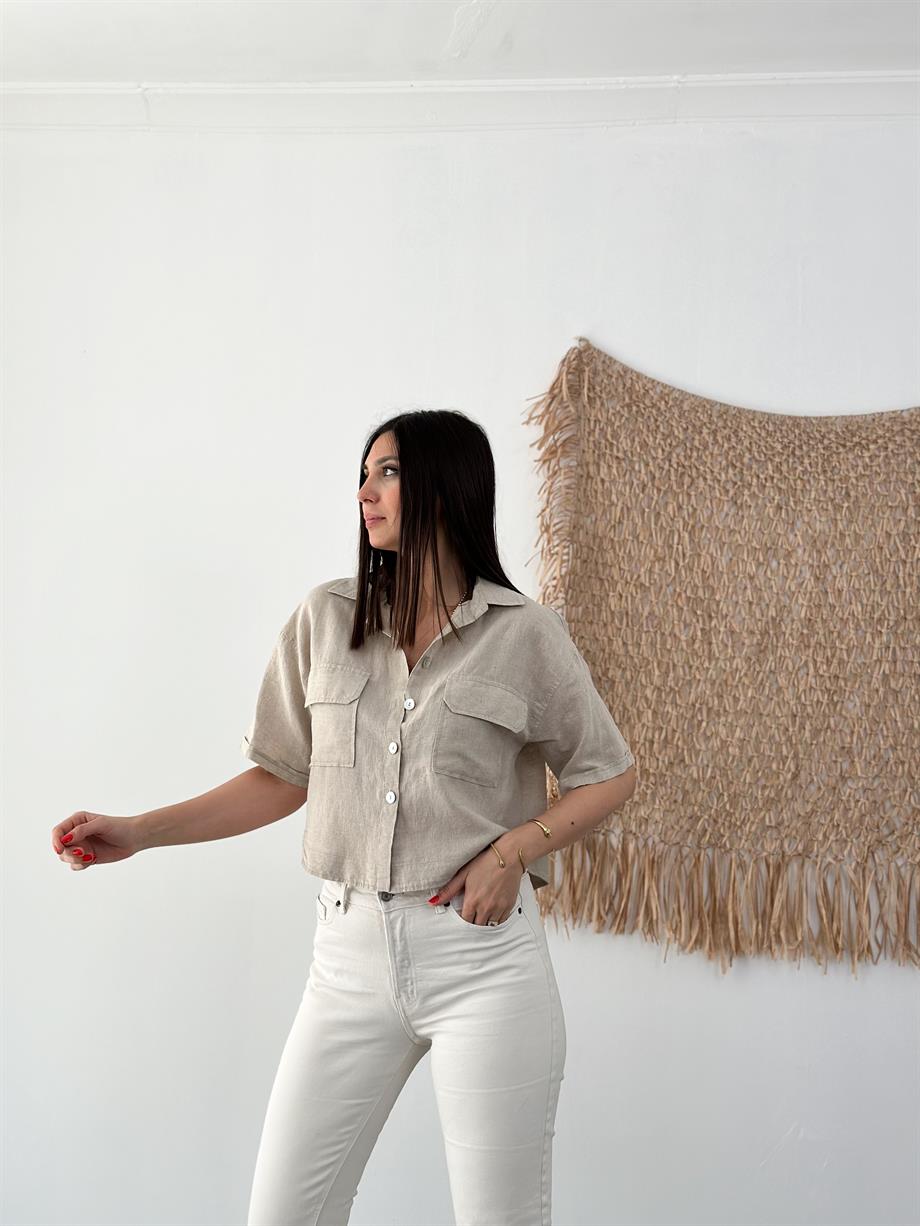 ANDREA TAŞ KETEN KISA GÖMLEK