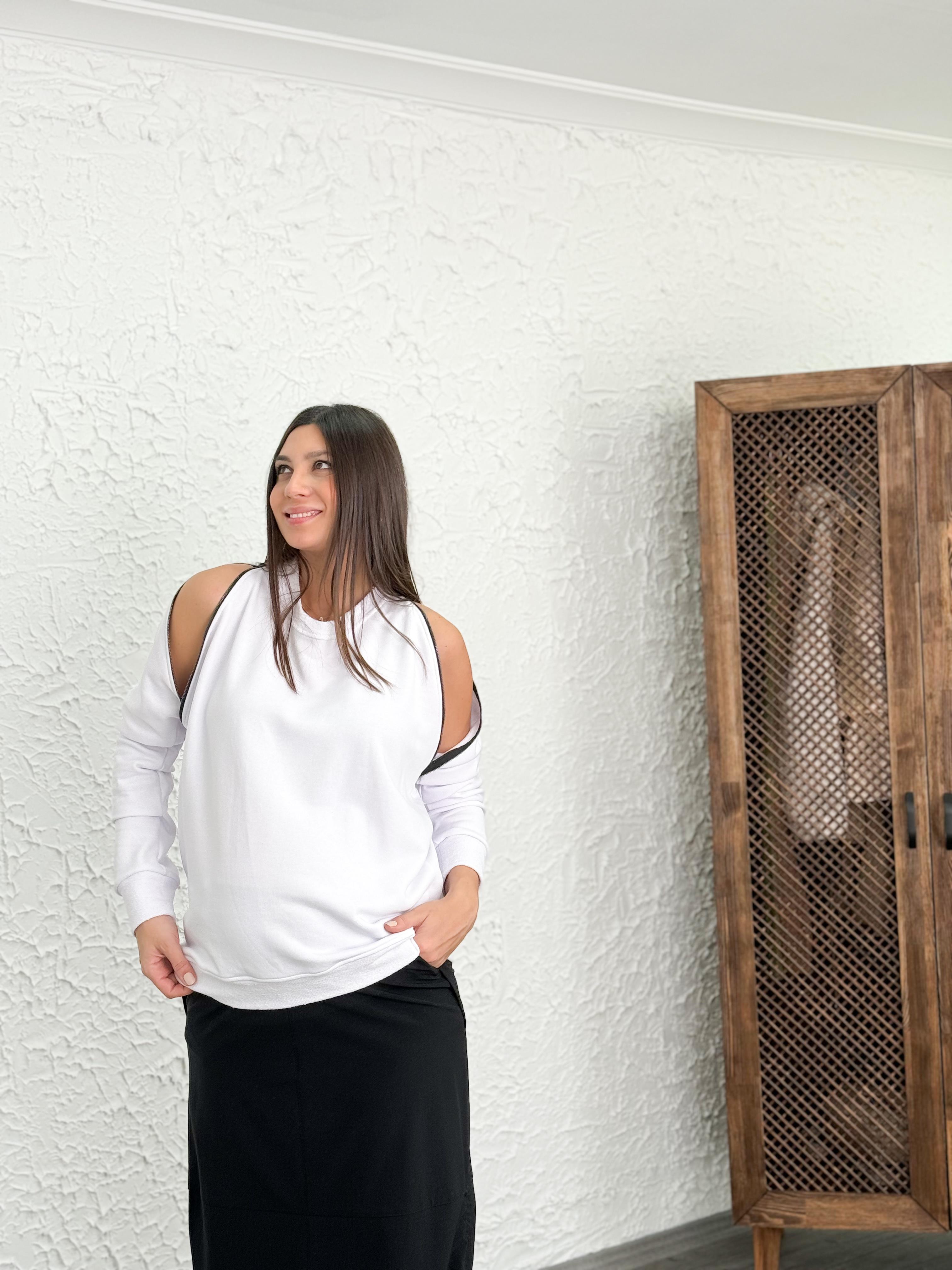 ARES BEYAZ OMUZ FERMUARLI SWEAT