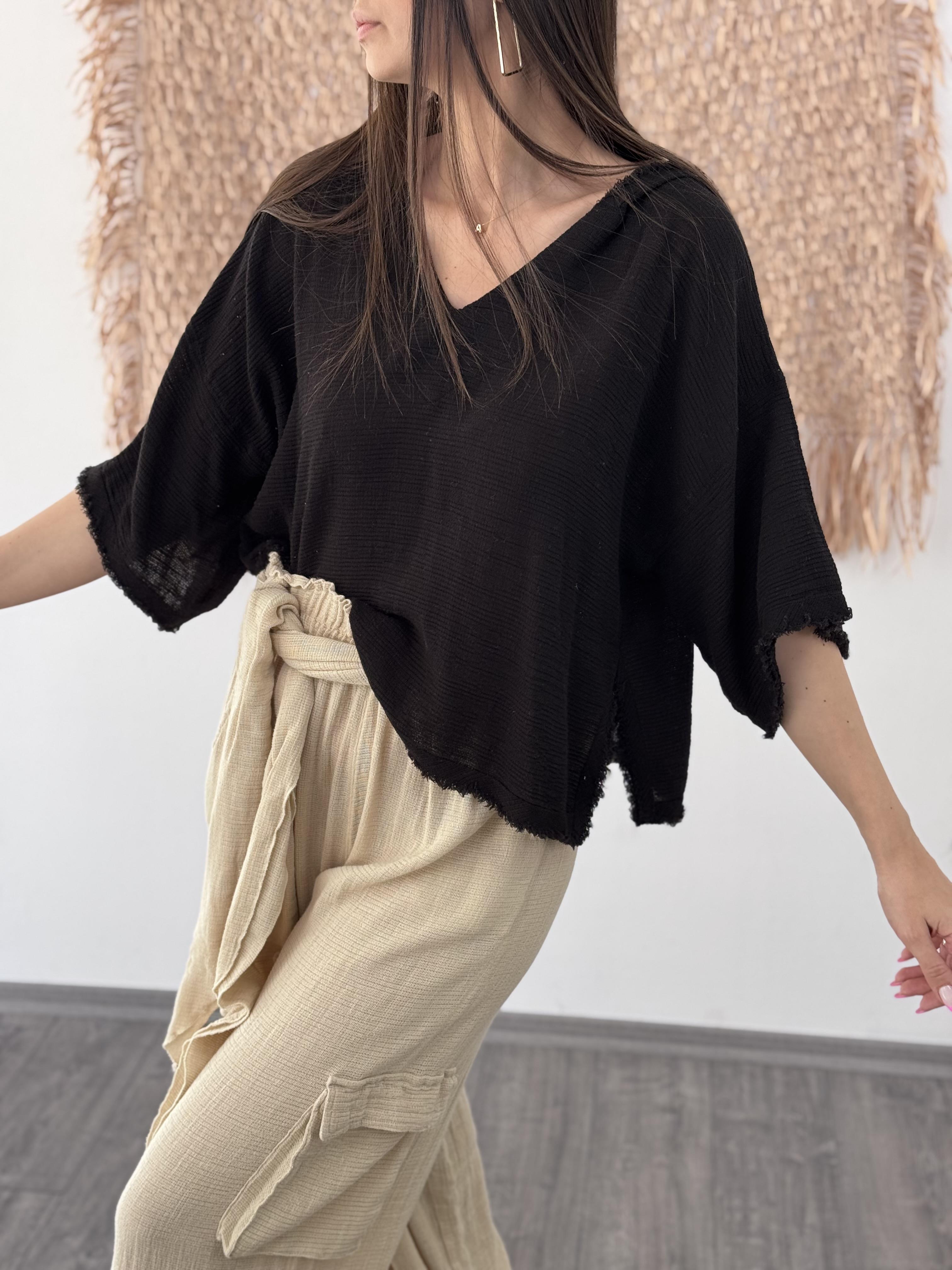 BELLY KAPŞONLU SİYAH BLUZ