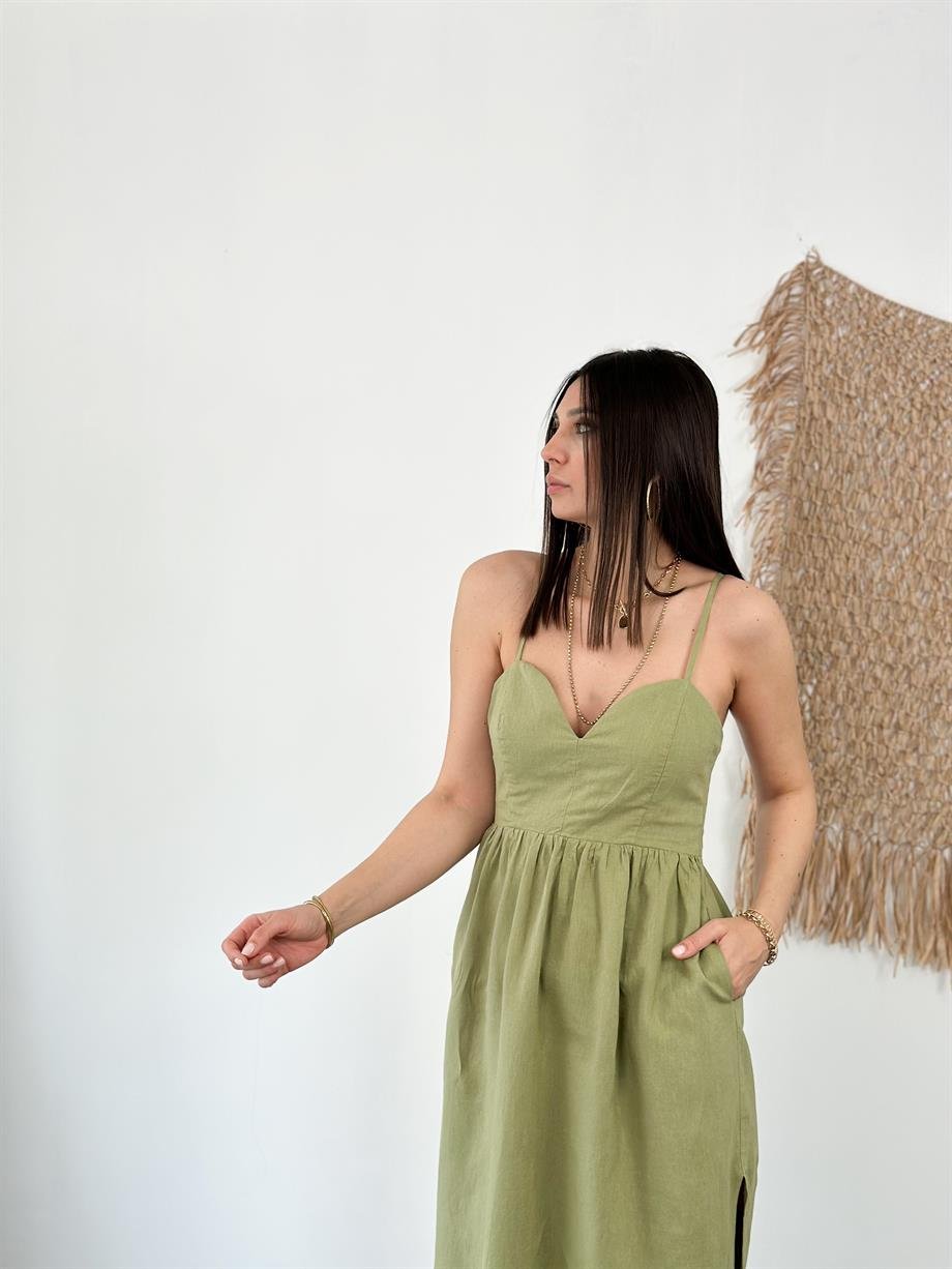 CATALİNA SAGE GREEN KETEN ELBİSE