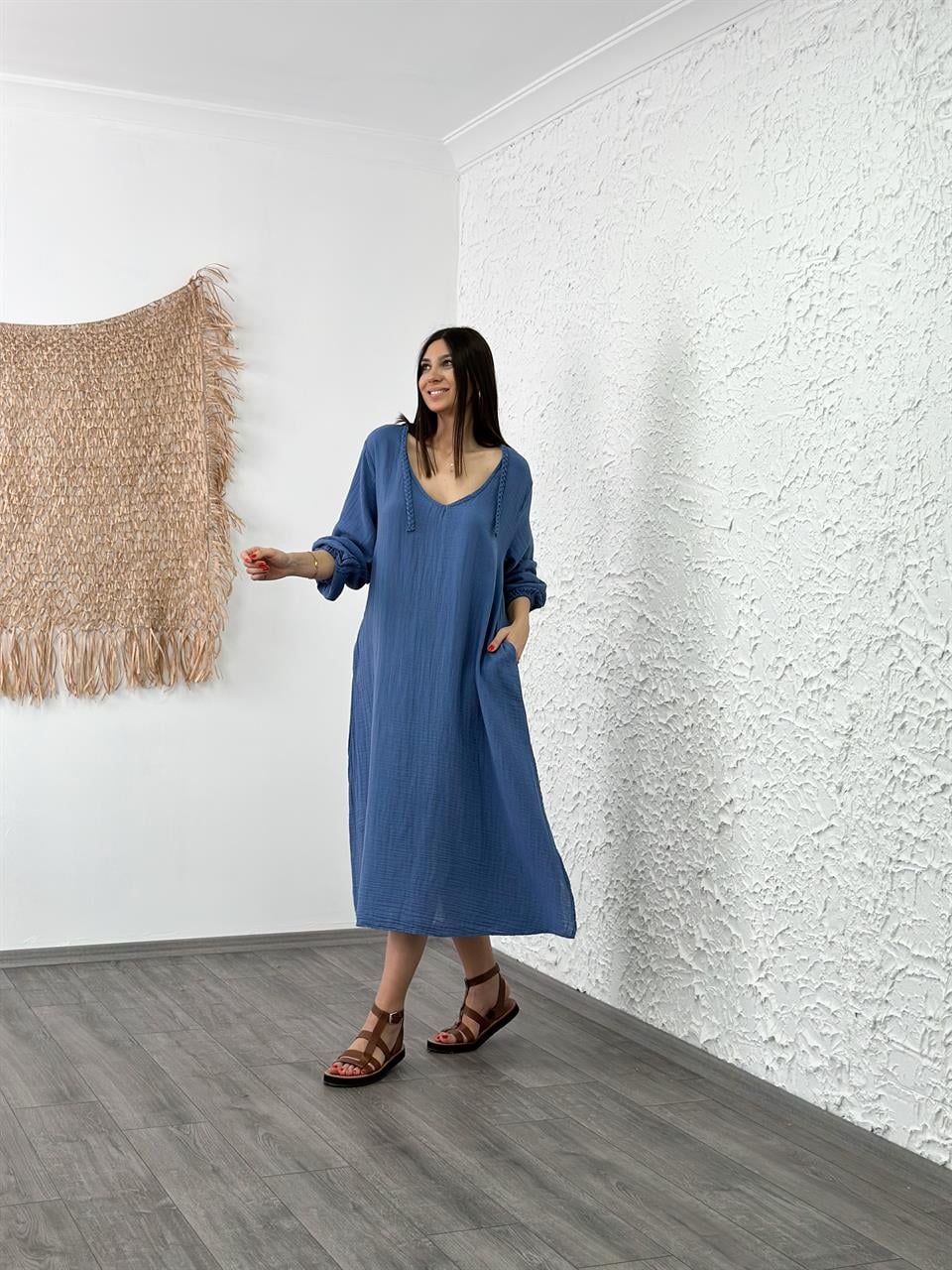 CELEROS OVERSİZE İNDİGO MÜSLİN ELBİSE