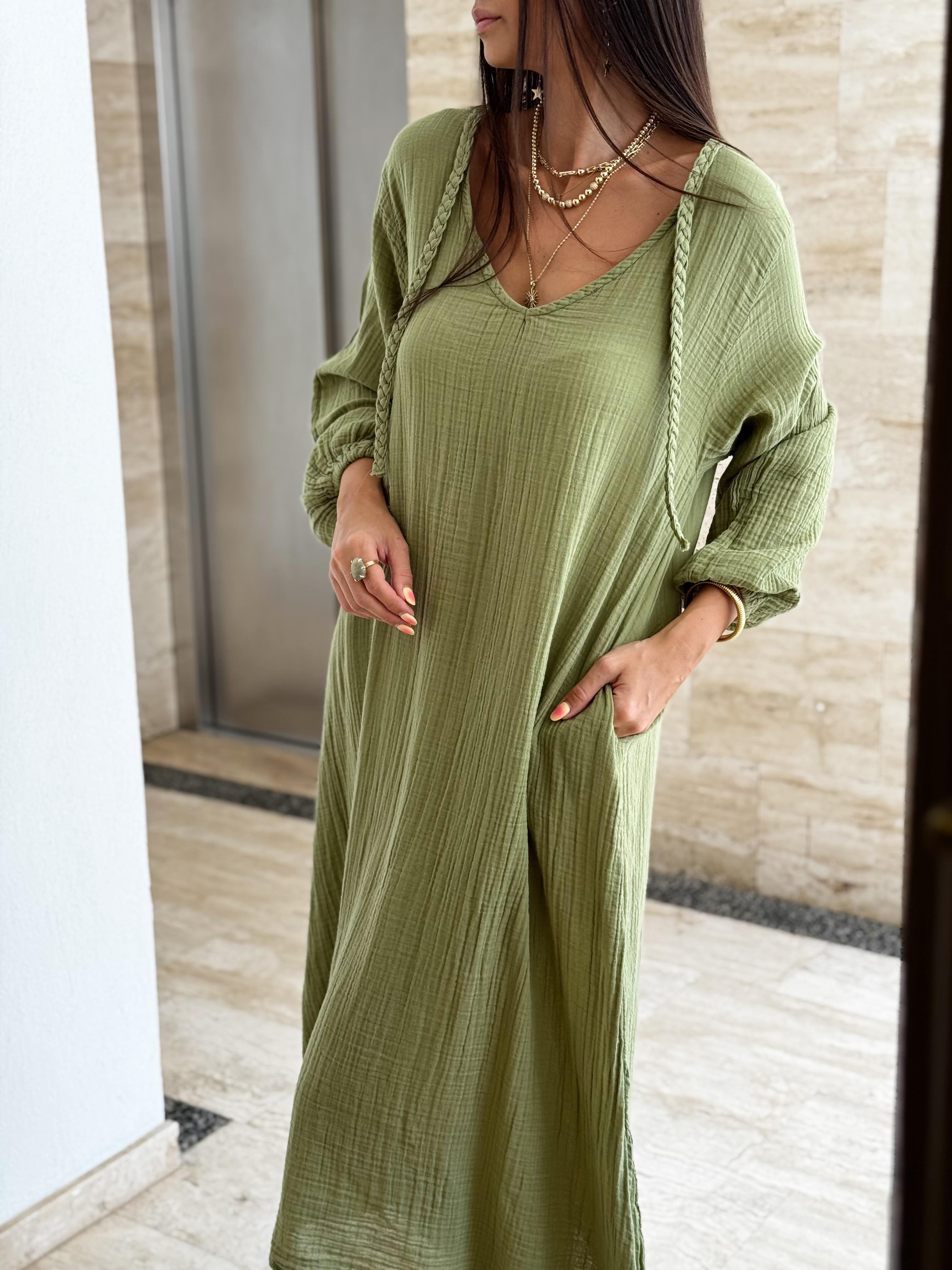 CELEROS OVERSİZE SAGE GREEN MÜSLİN ELBİSE