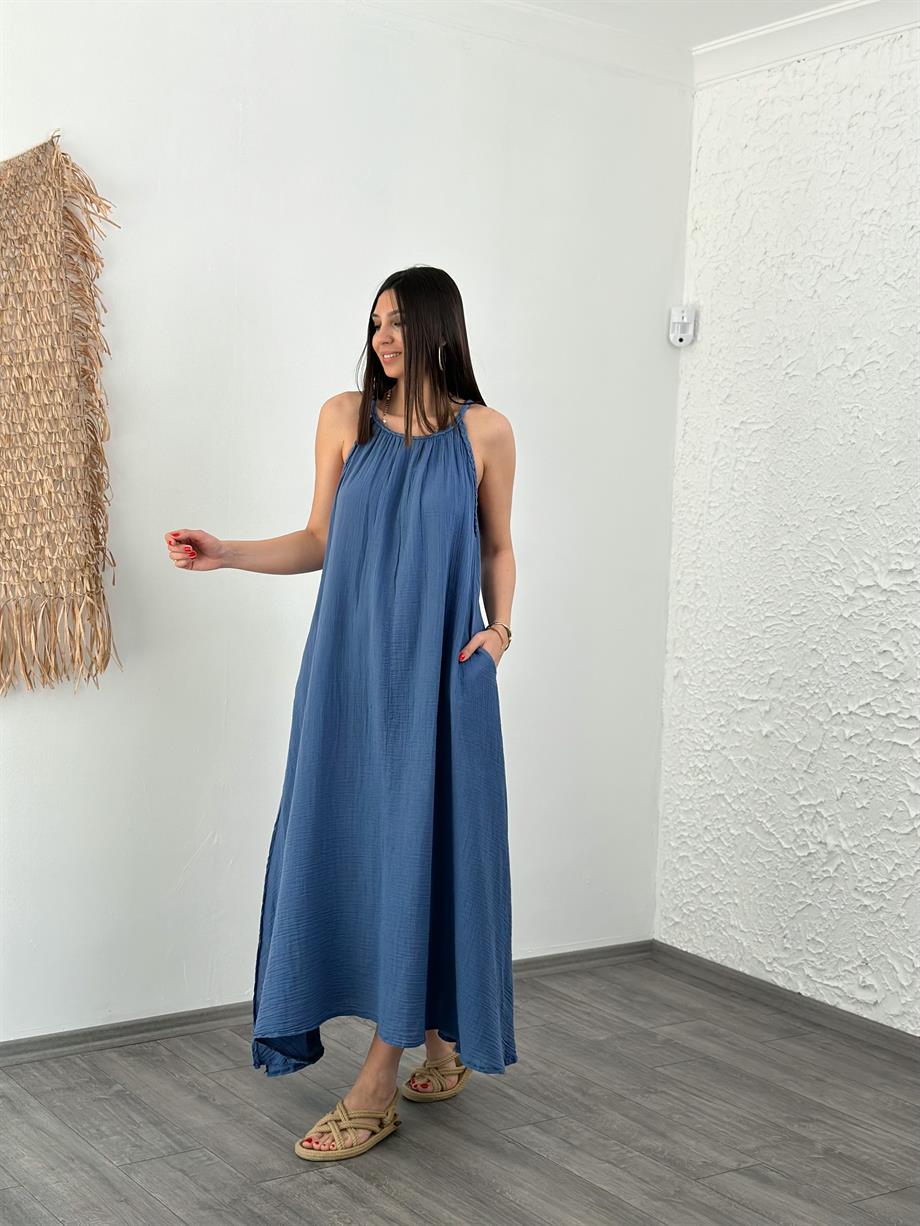 COCO İNDİGO MÜSLİN ELBİSE