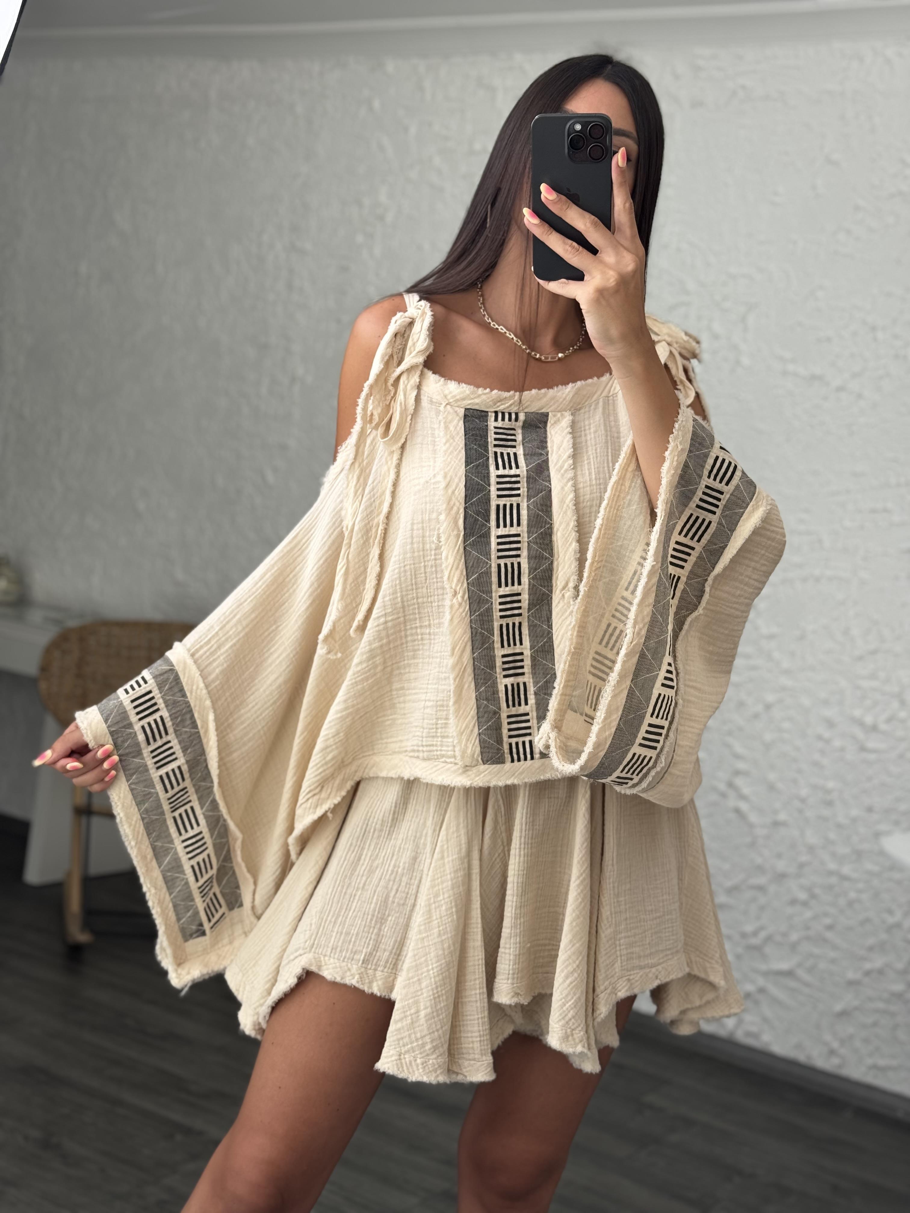 DENGE DESENLİ BEJ BLUZ