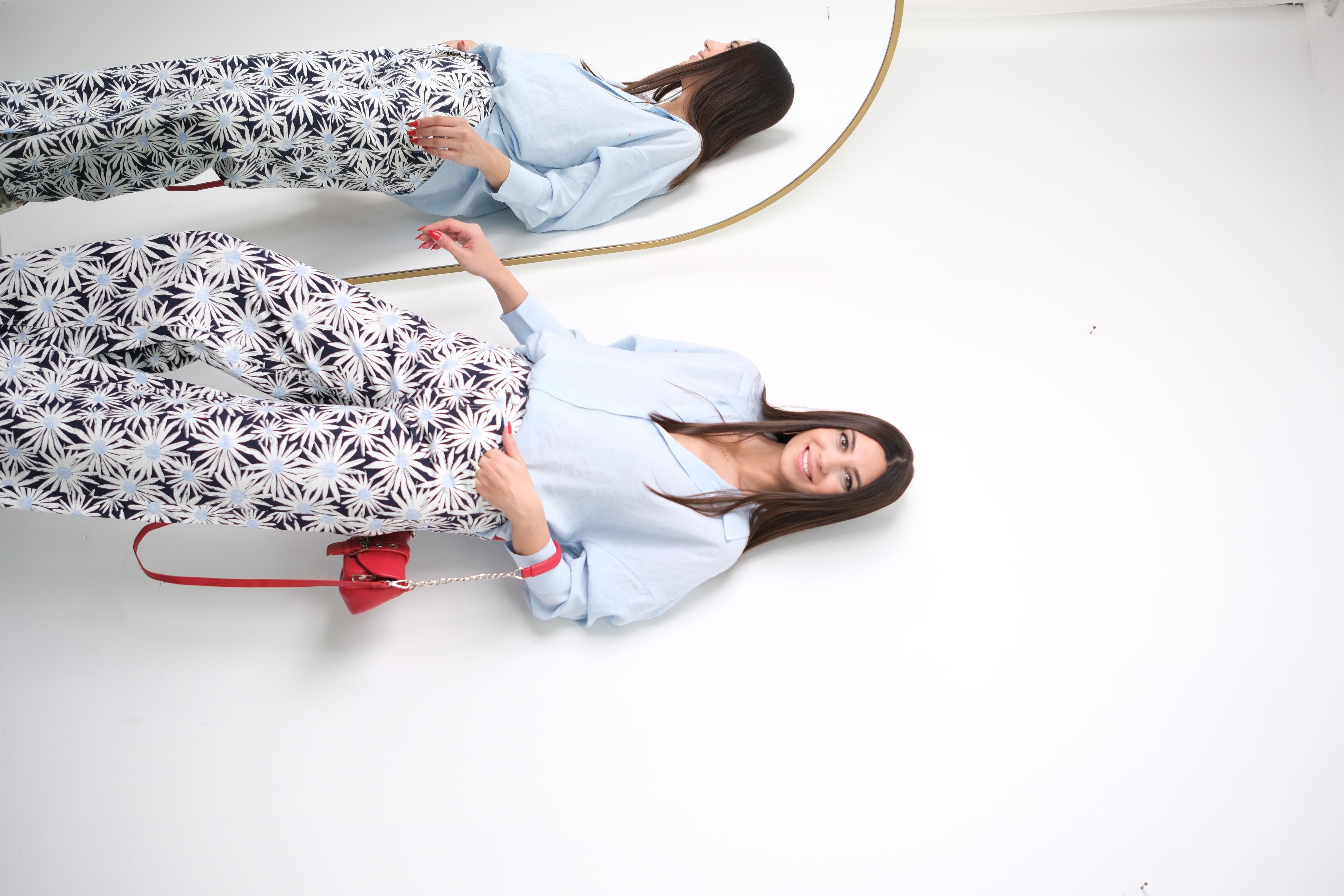 FLORA MAVİ ÇİÇEK DESEN PANTOLON