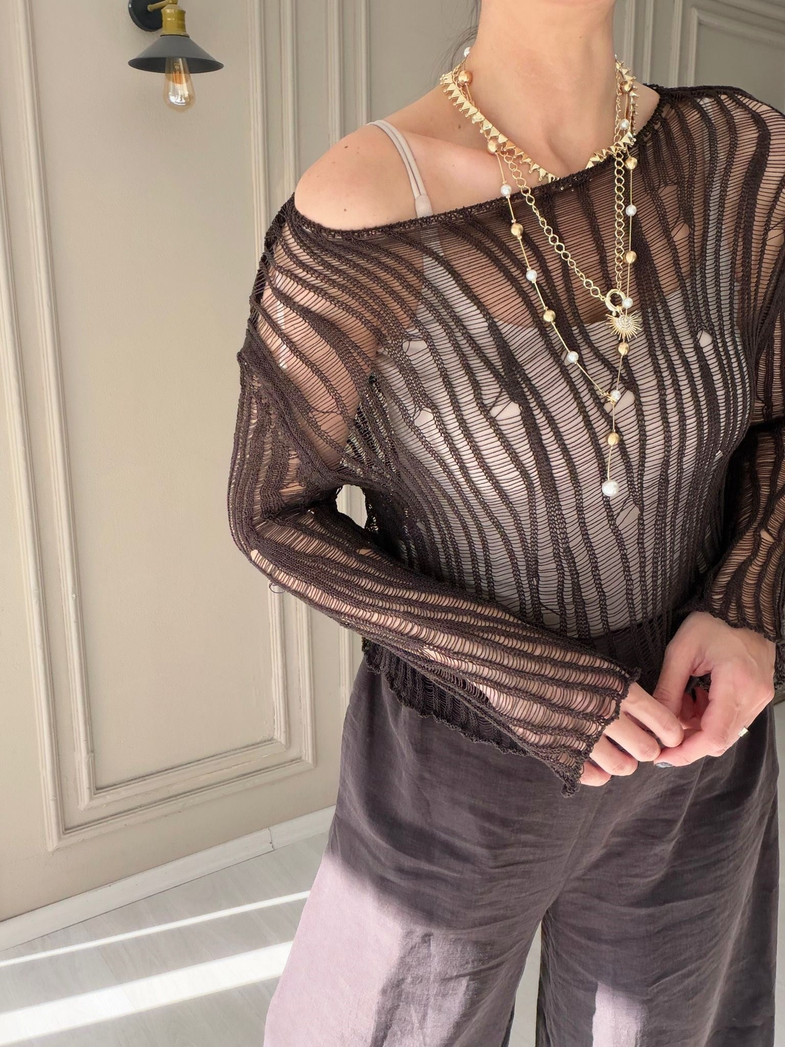 FLOŞ KAHVE AJURLU BLUZ