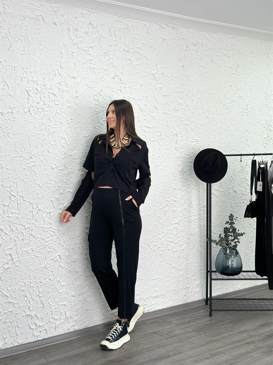 FONTE FERMUAR DETAYLI SİYAH PANTOLON