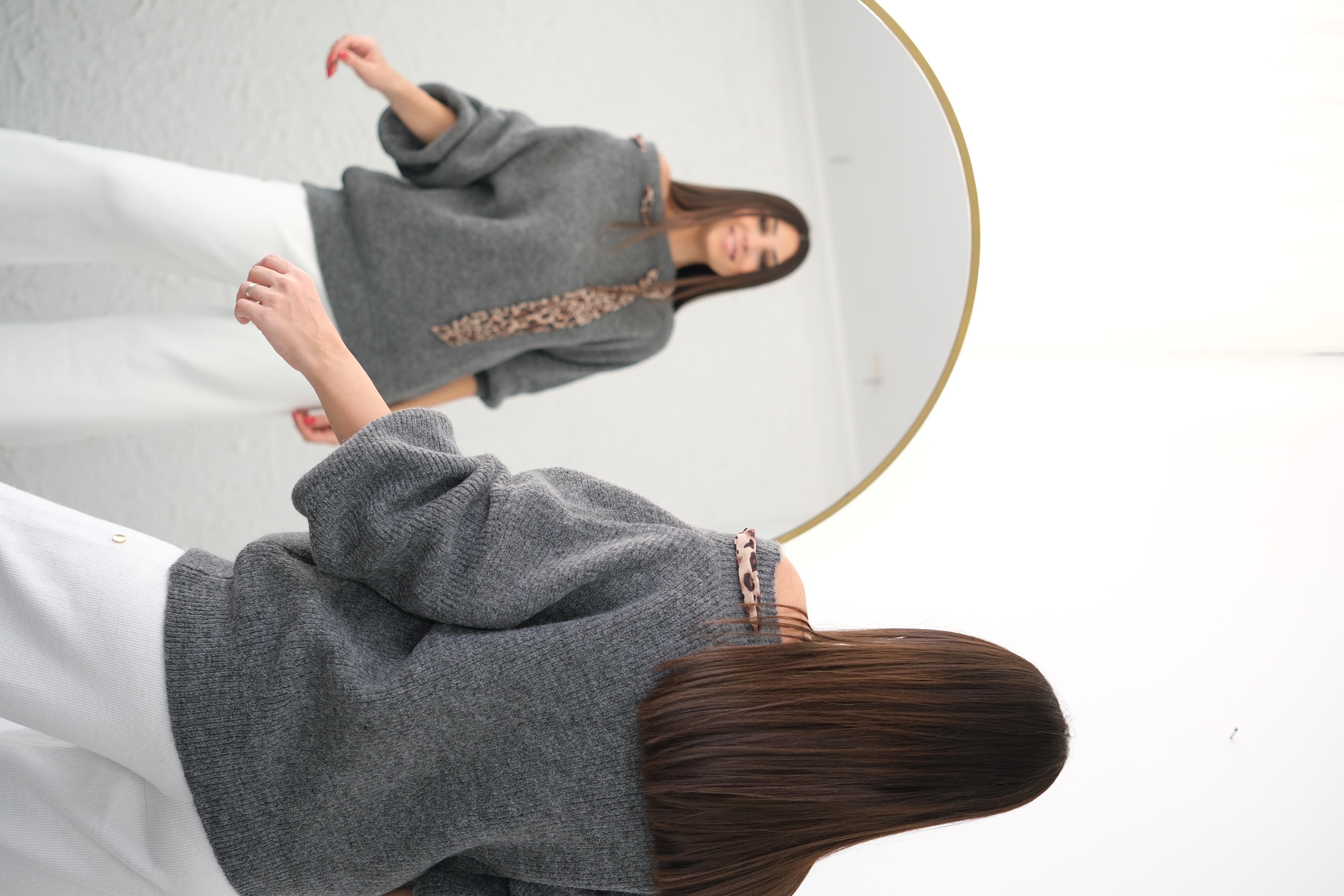 FULLY LEOPAR DETAYLI GRİ KAZAK