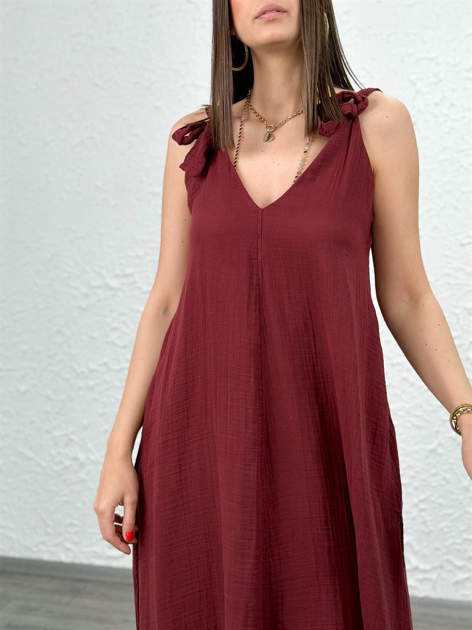 HİVA OMUZ BAĞLAMALI BORDO ELBİSE