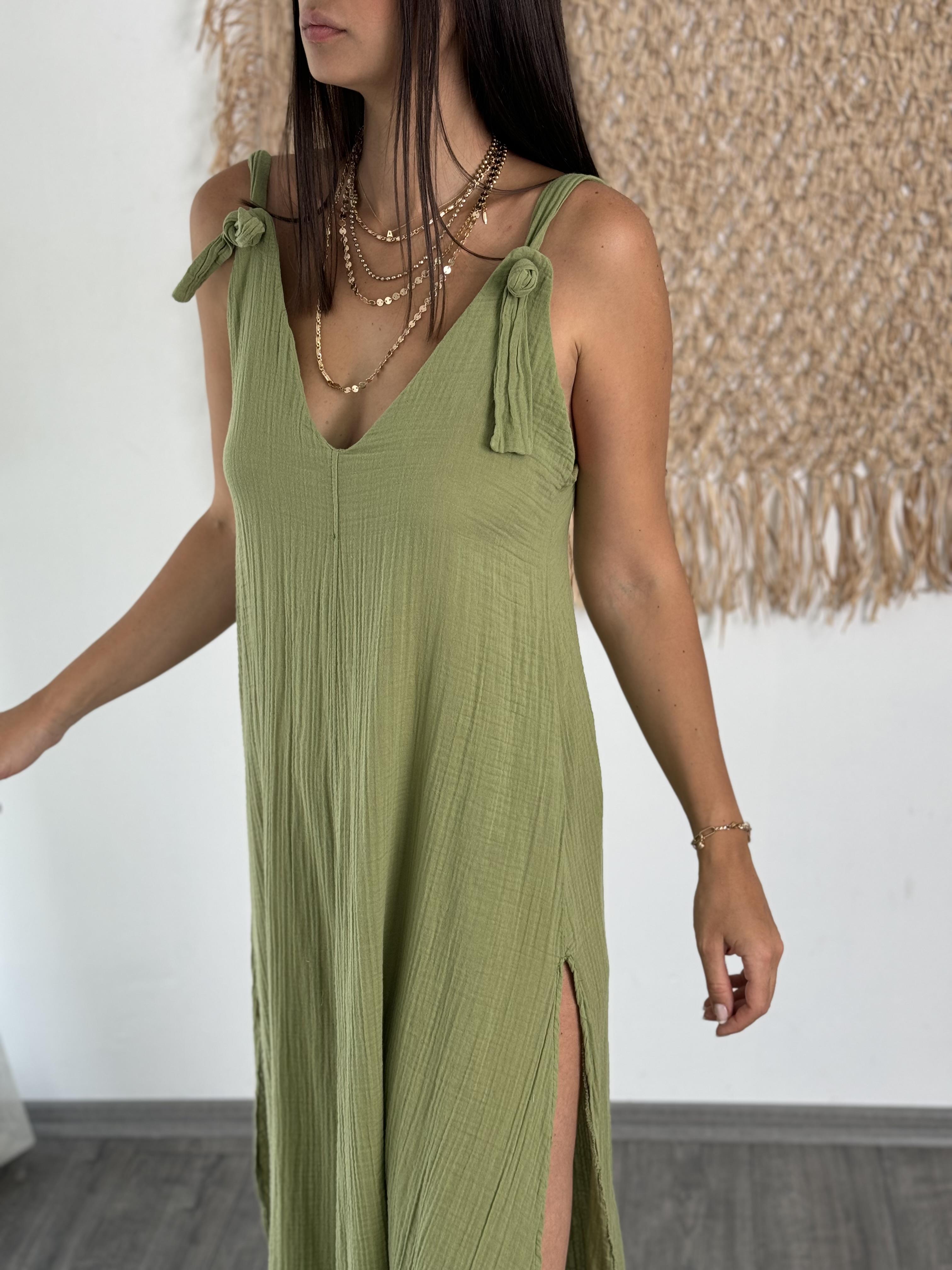 HİVA OMUZ BAĞLAMALI SAGE GREEN ELBİSE