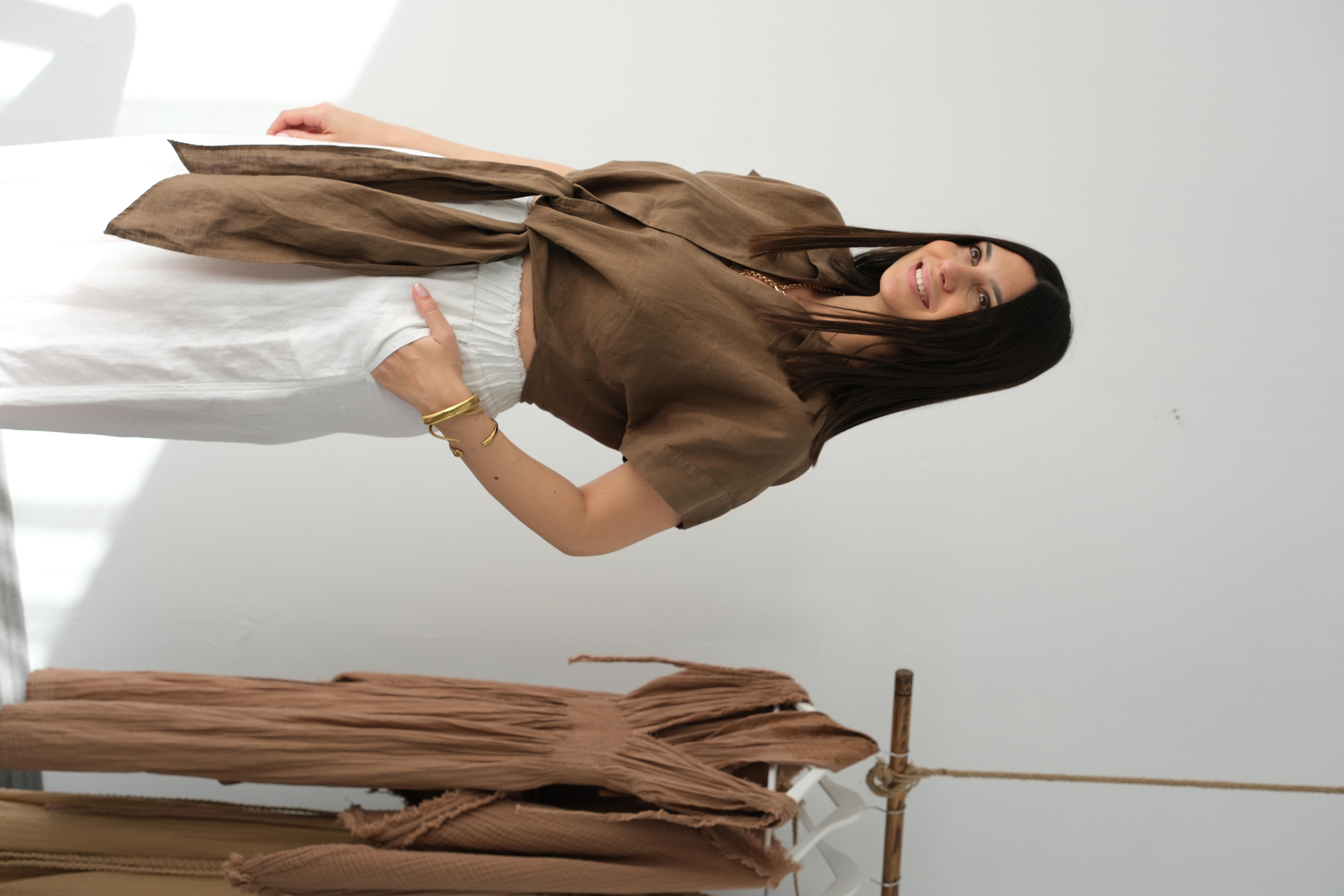 JASO BAĞLAMALI KAHVE KETEN BLUZ