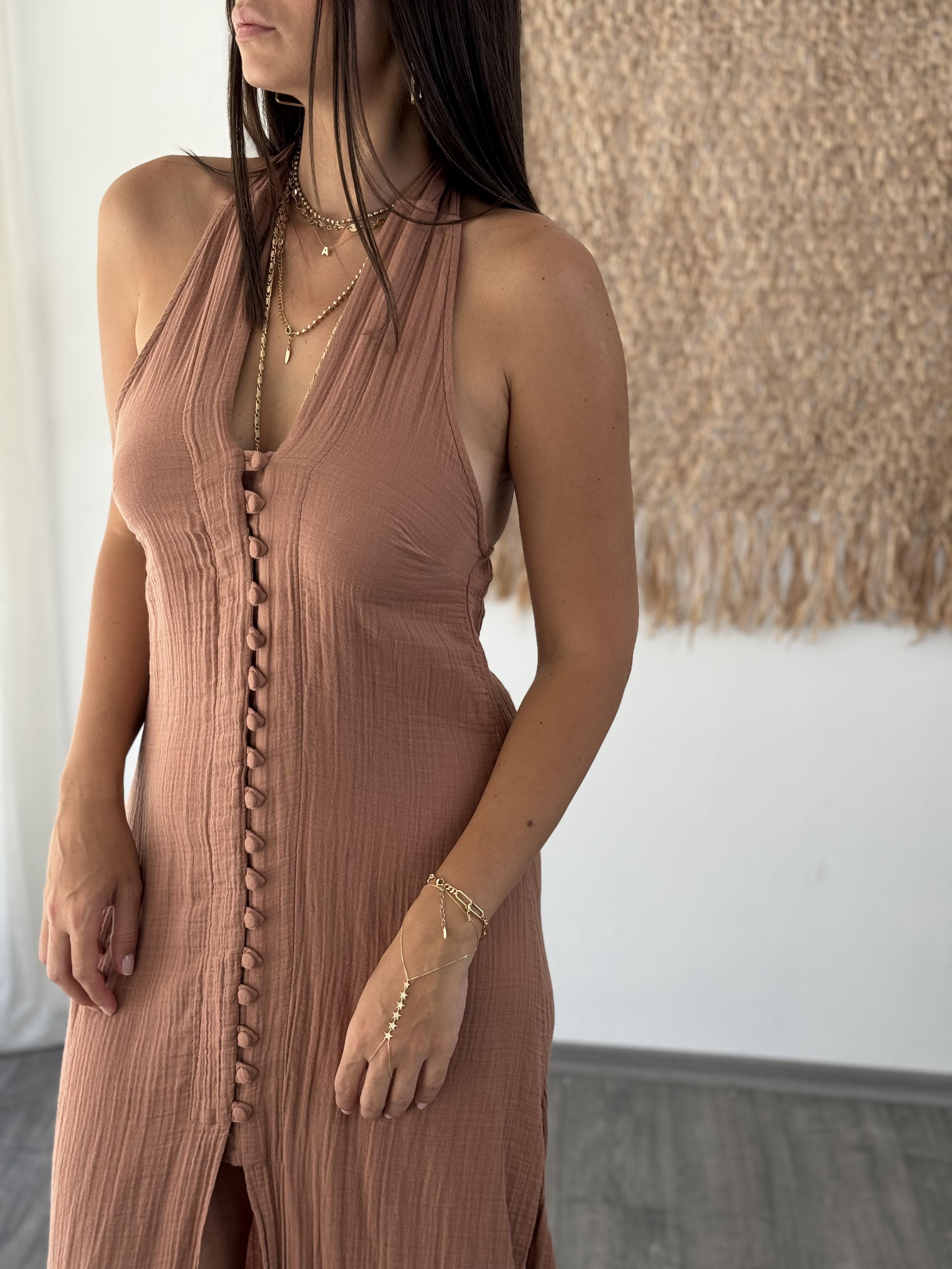 KATİNA DÜĞMELİ MOCHA ELBİSE