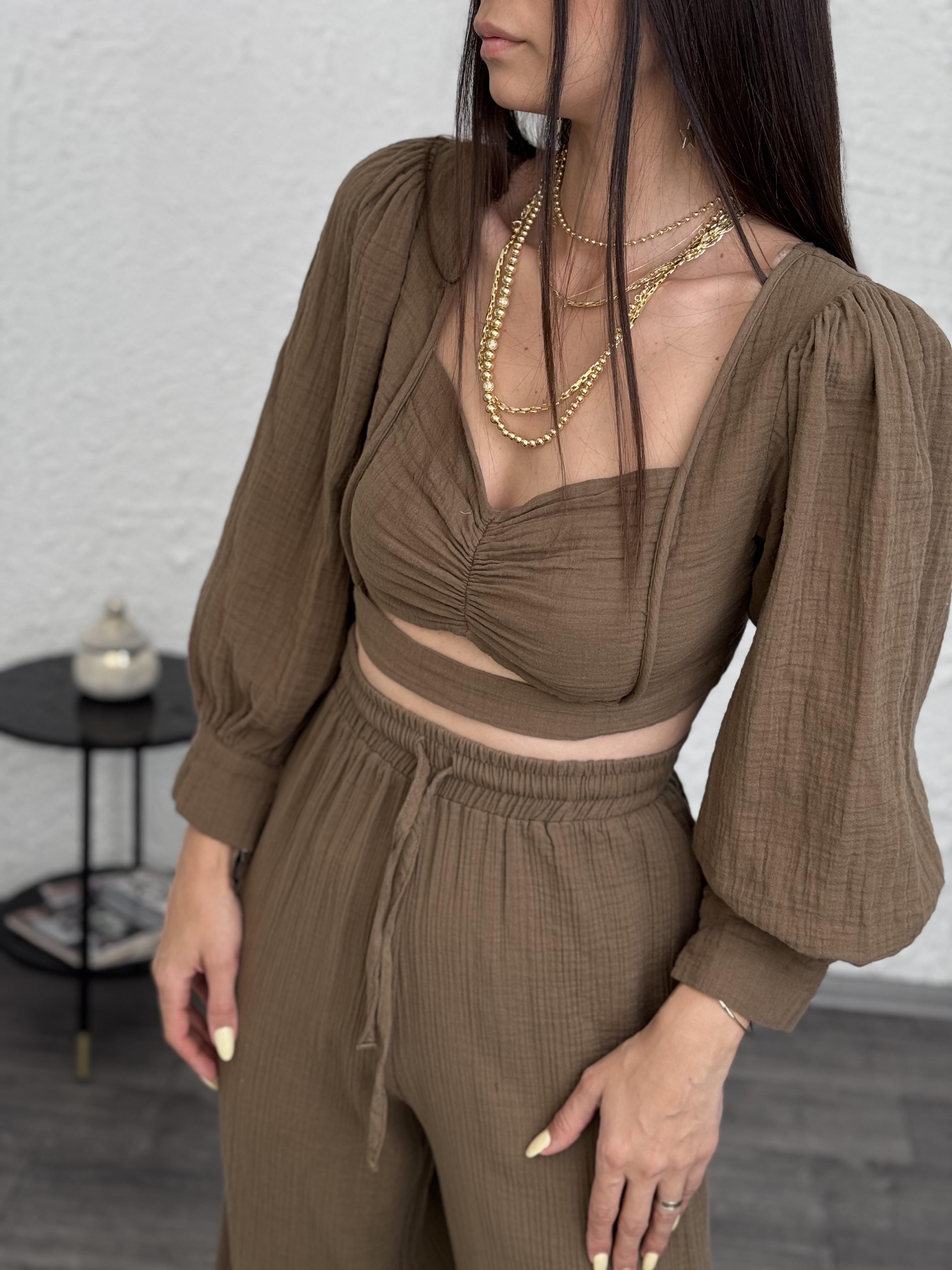 KOS TASARIM KAHVE MÜSLİN BLUZ