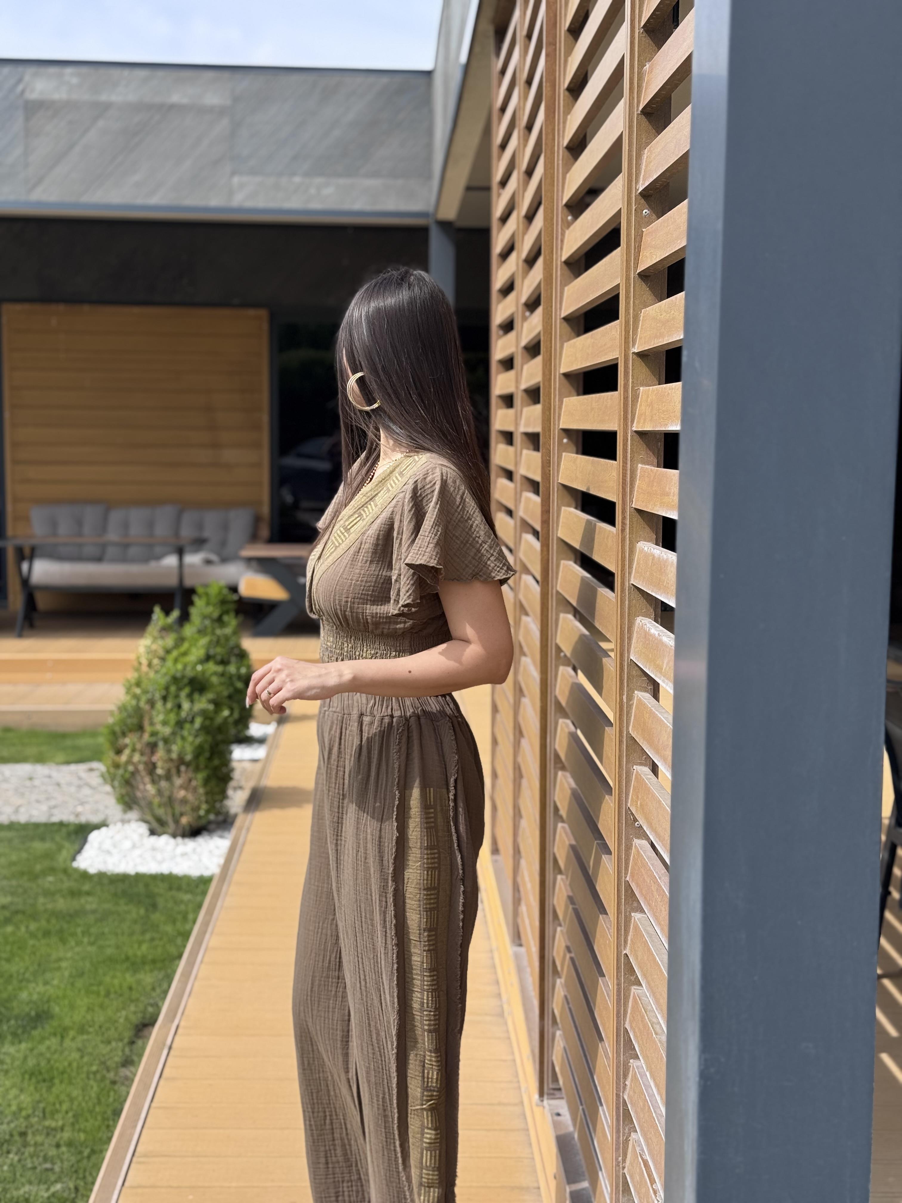 LONDON BASKI DETAYLI KAHVE BLUZ