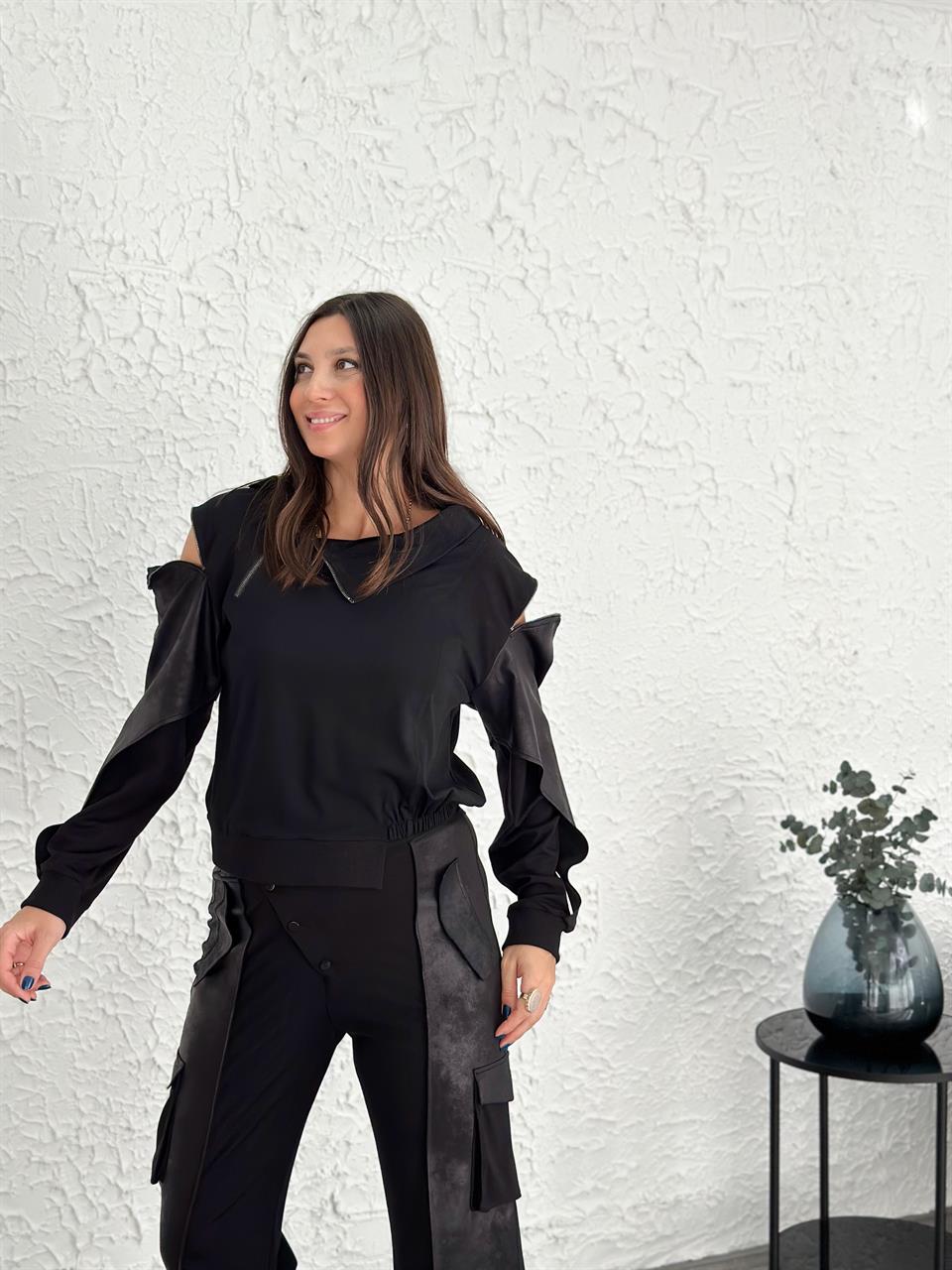 LOUİS SİYAH DERİ DETAYLI BLUZ