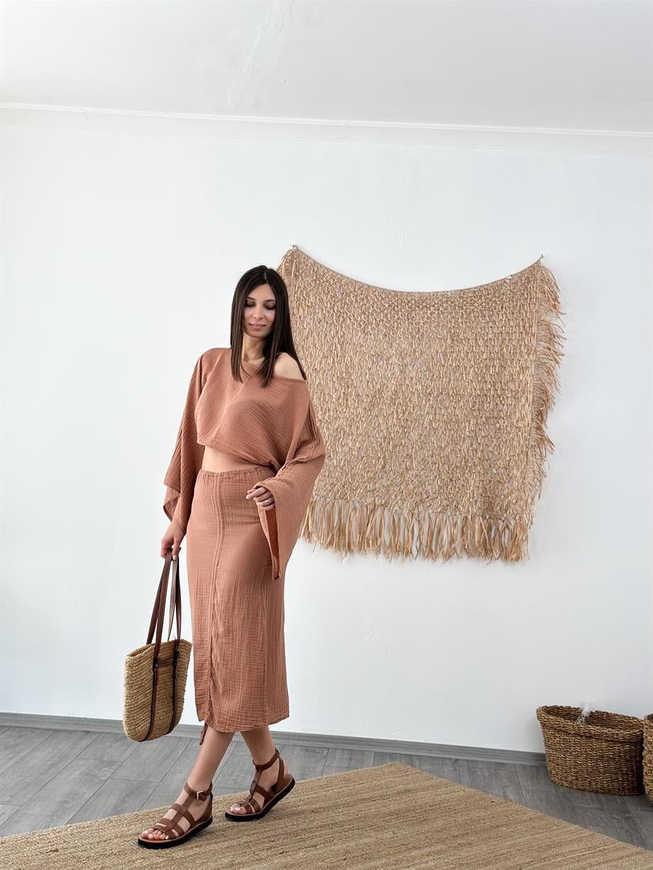 LYON MÜSLİN MOCHA BÜZGÜLÜ ETEK