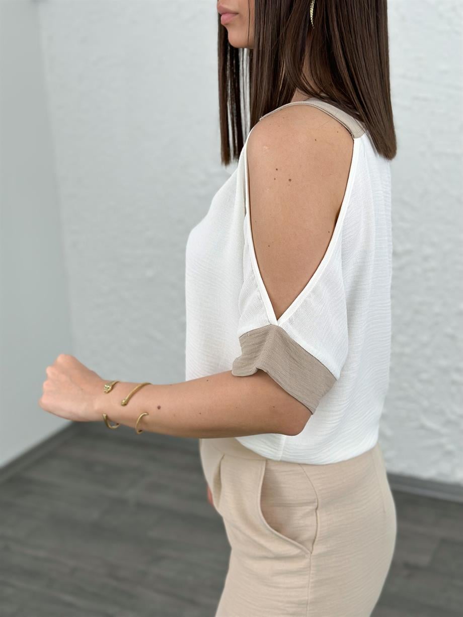 MARY VİZON DETAYLI KREM BLUZ