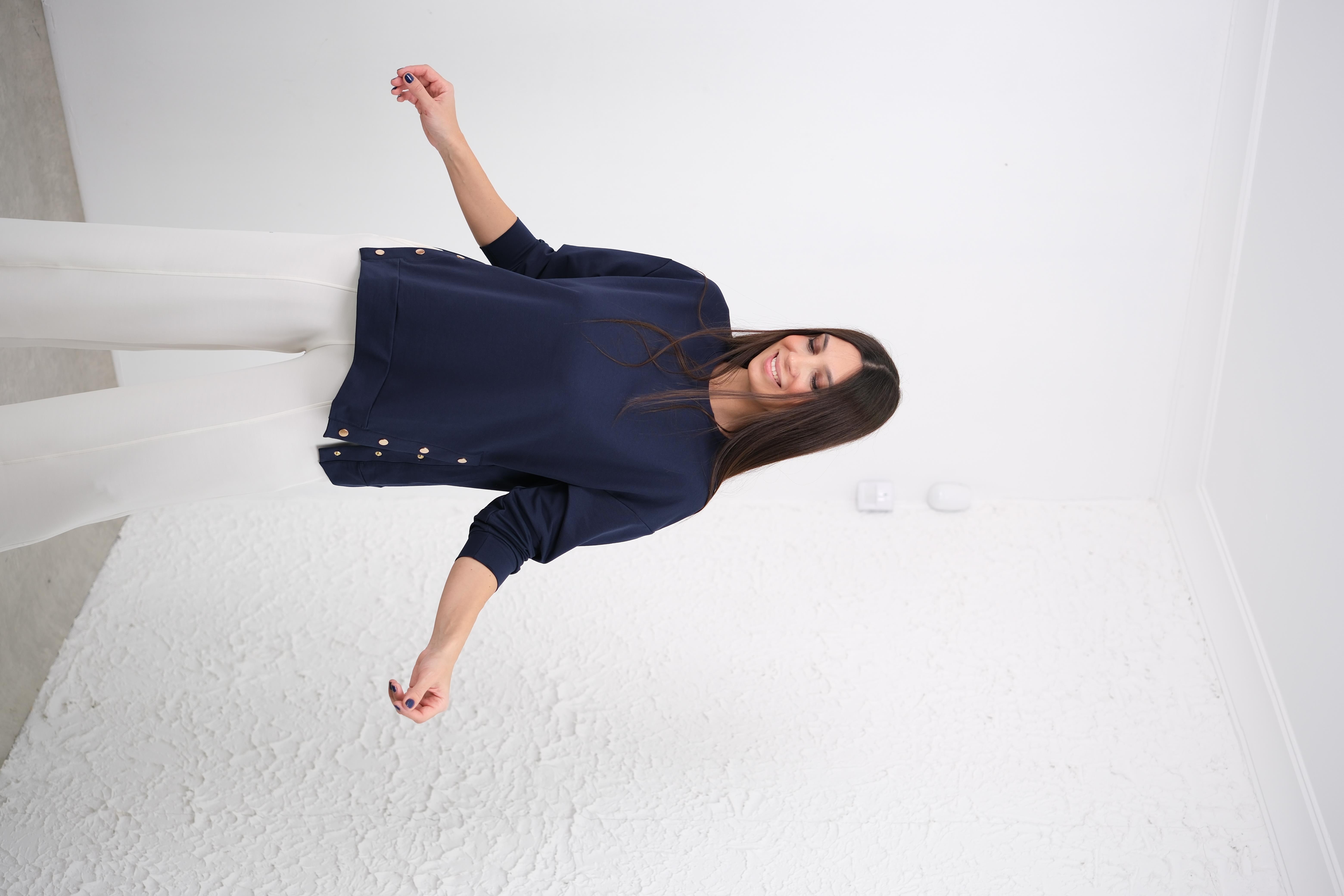 MON TURİ YAN ÇITÇITLI LACİVERT BLUZ