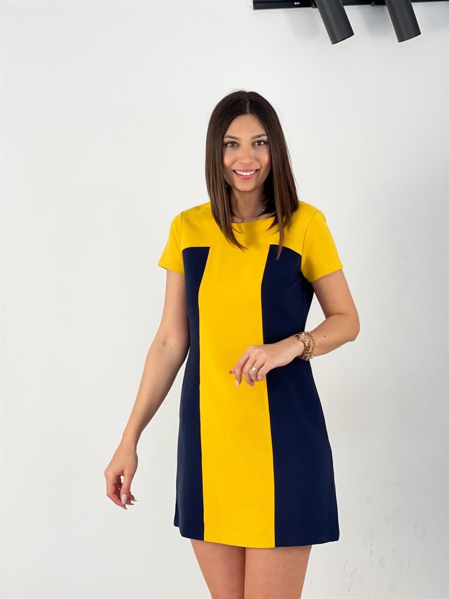 NAVY SARI BLOKLU ELBİSE