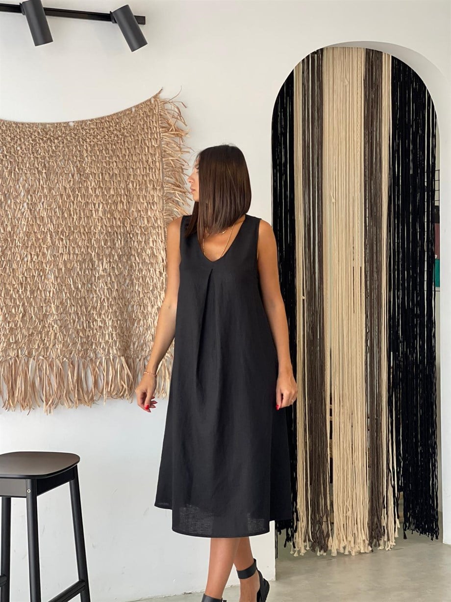 NEMESİS SİYAH KETEN ELBİSE