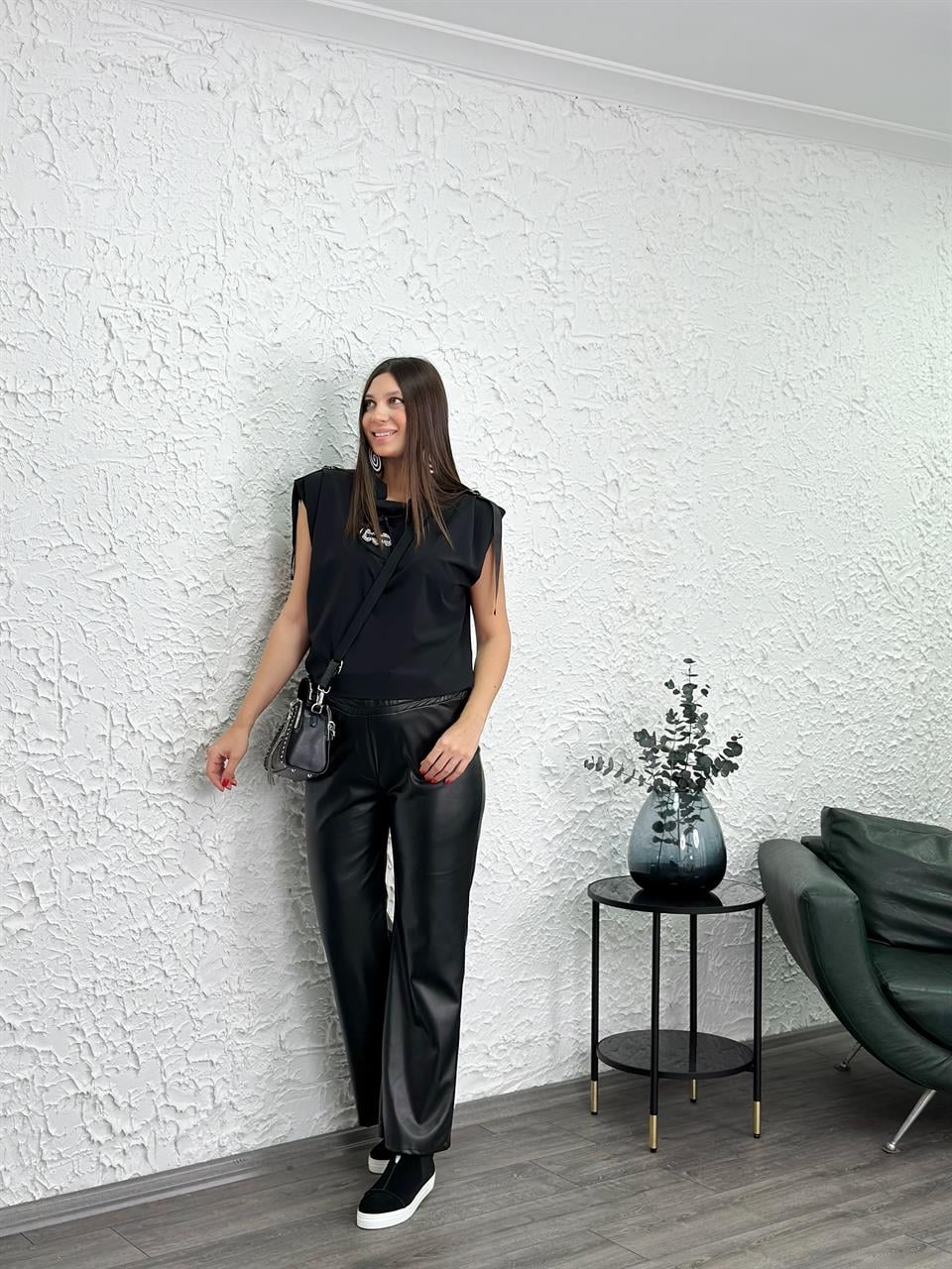 OLİVE SİYAH PALAZZO DERİ PANTOLON