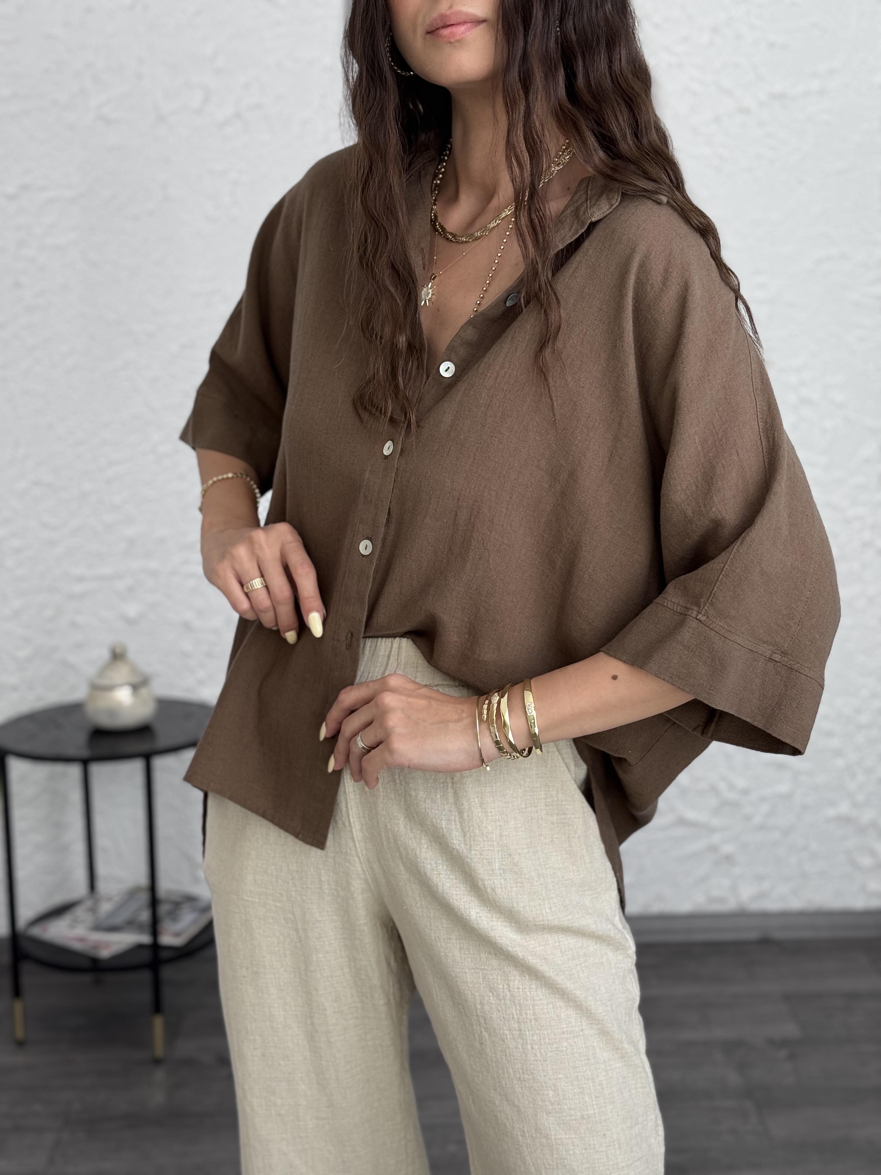 PİNE KETEN KAHVE GÖMLEK