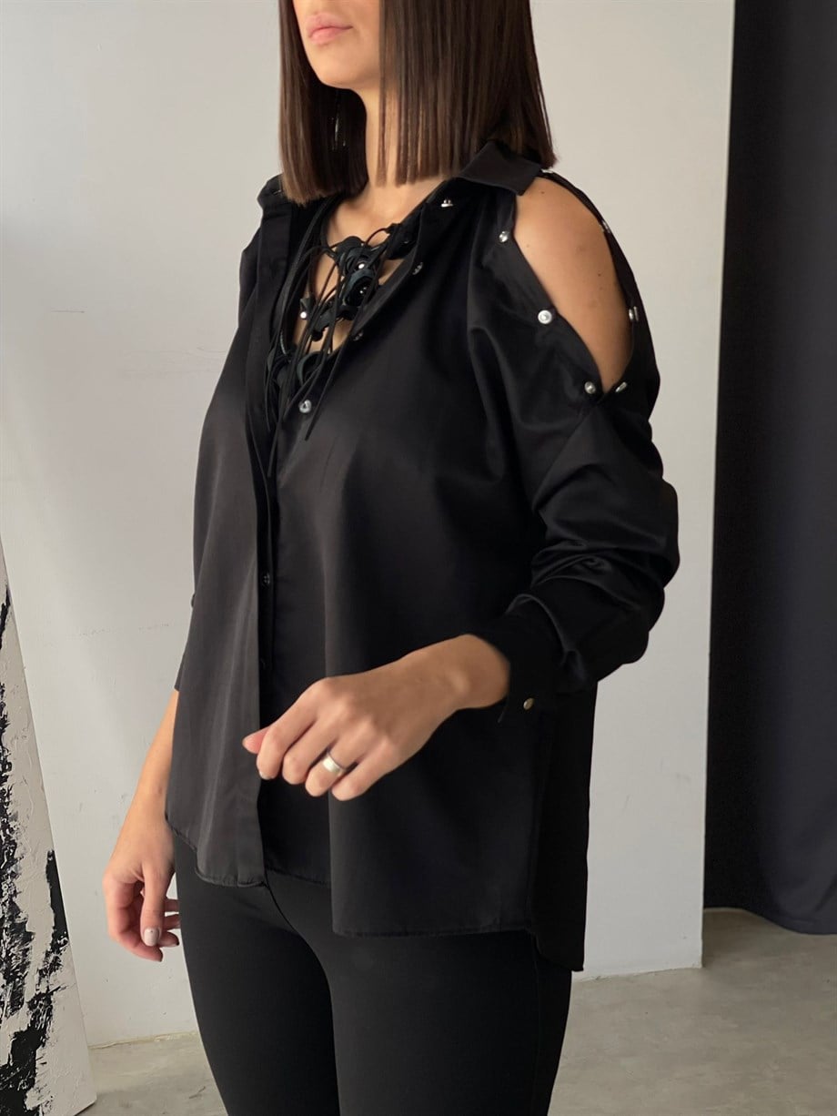 PİNO OMUZ ÇITÇITLI SİYAH GÖMLEK