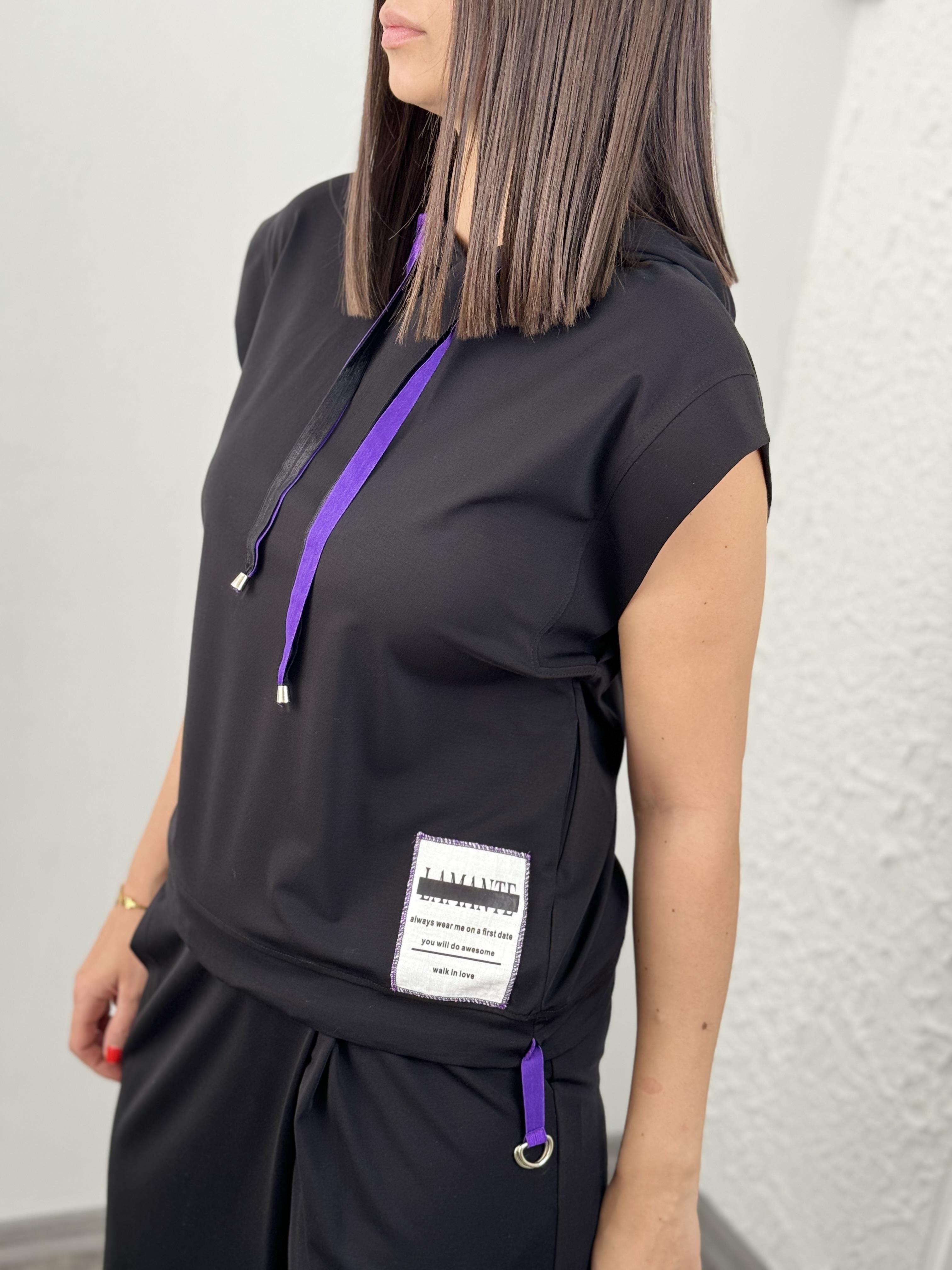 PURPLE SİYAH KAPŞONLU BLUZ