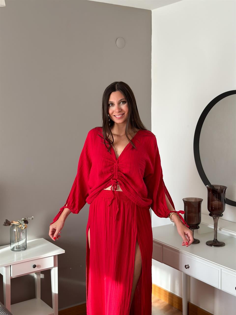 SANTORİNİ VİŞNE MÜSLİN BLUZ