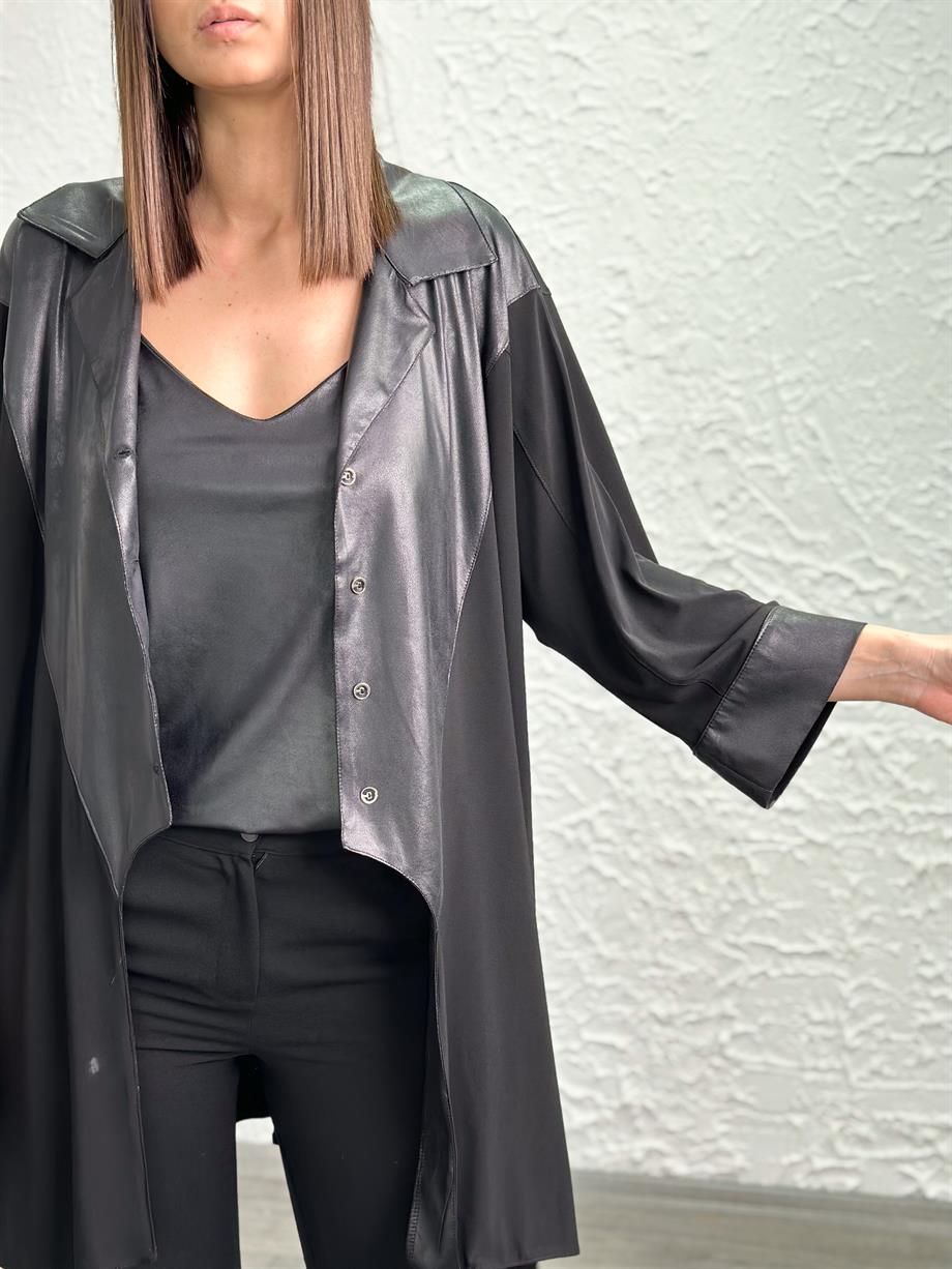 SİMON DERİ DETAYLI SİYAH GÖMLEK