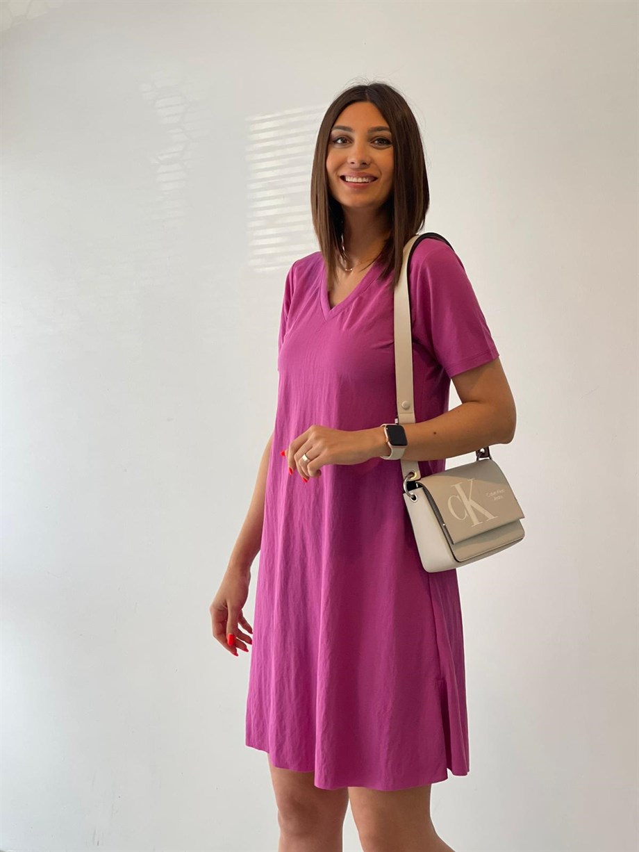 SİTY V YAKA PEMBE ELBİSE