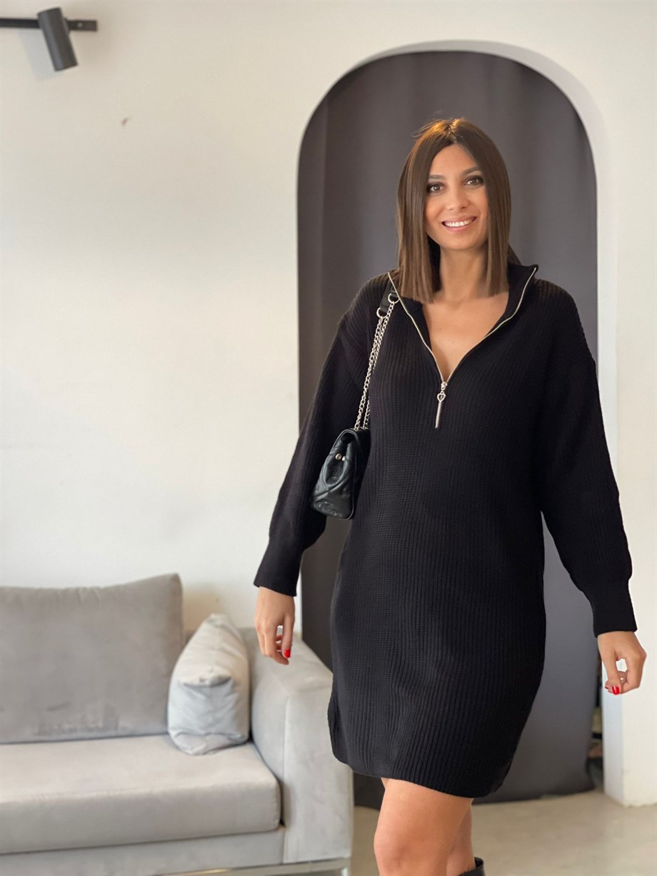 SORA SİYAH FERMUARLI TRİKO ELBİSE