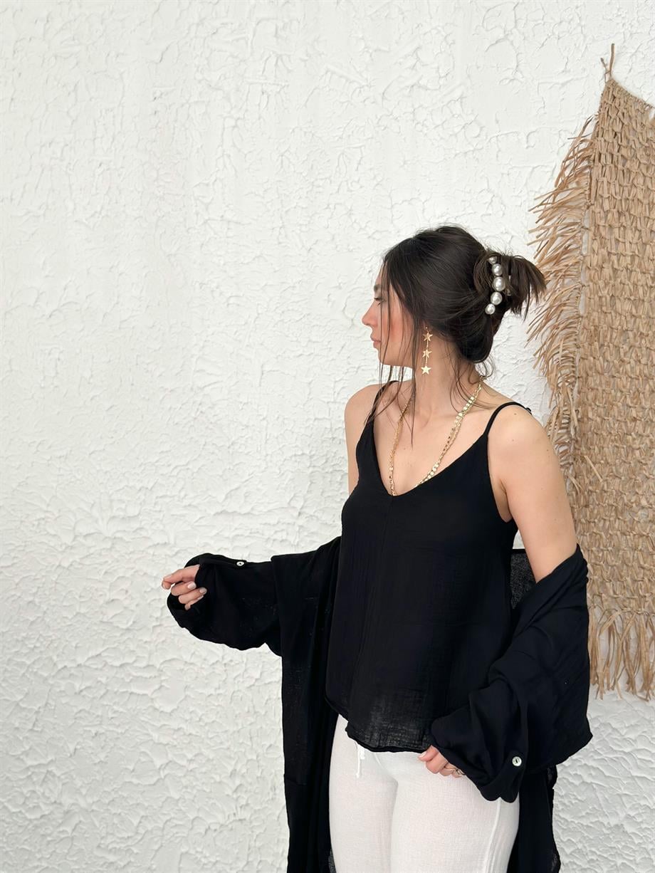 TİNA ASKILI SİYAH MÜSLİN BLUZ