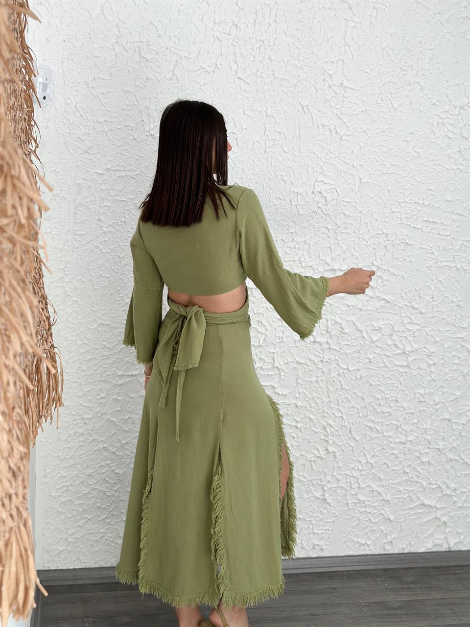 UMA YIRTMAÇLI SAGE GREEN PÜSKÜL ETEK