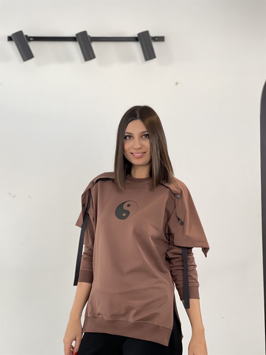 VANNA KAHVE ÇITÇITLI TASARIM SWEATSHİRT
