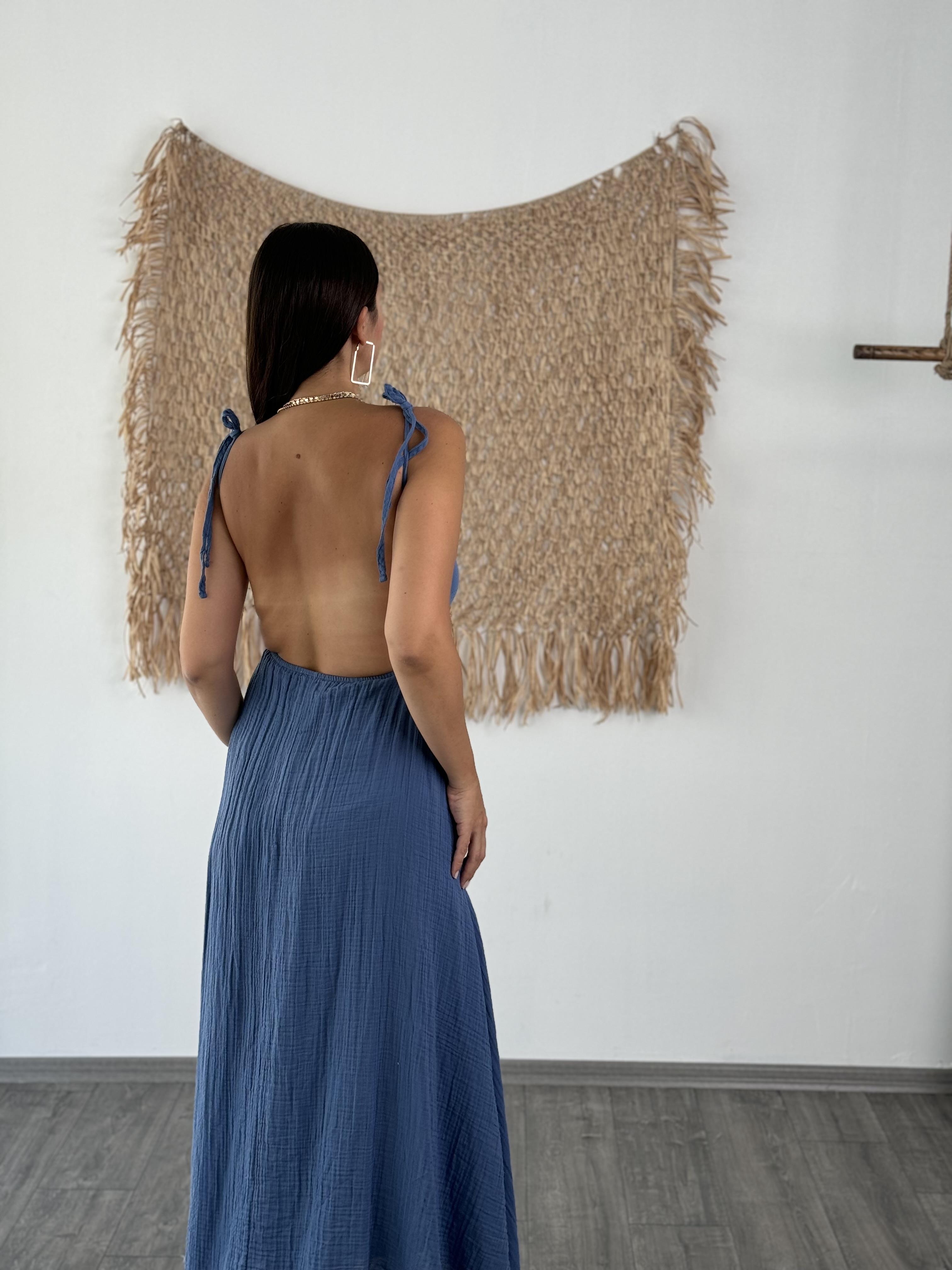 VERA OMUZ BAĞLAMALI İNDİGO ELBİSE